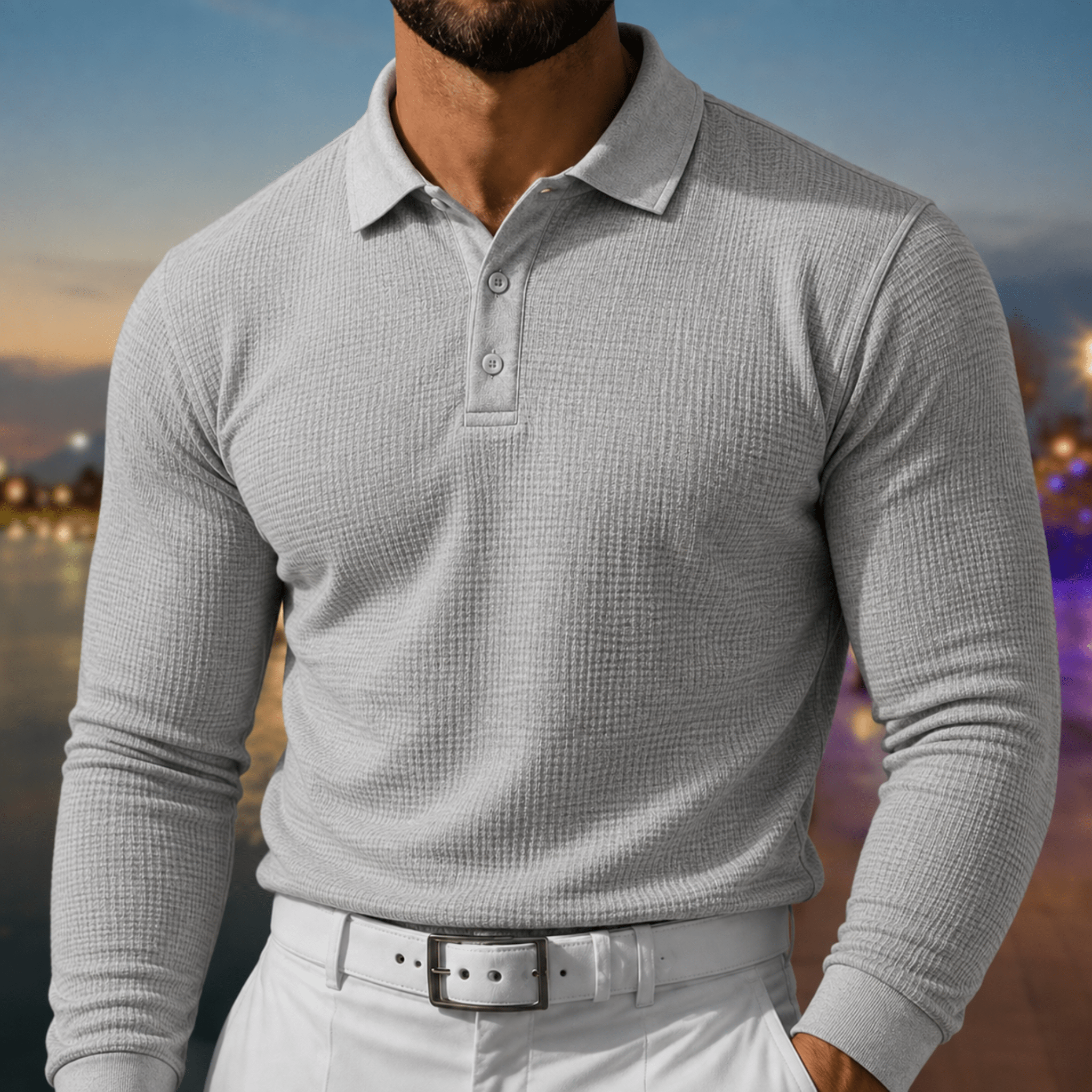 Arthur - Men's Slim Fit Textured Long Sleeve Polo Shirt - Polos - Grey - Taylor & Bennett