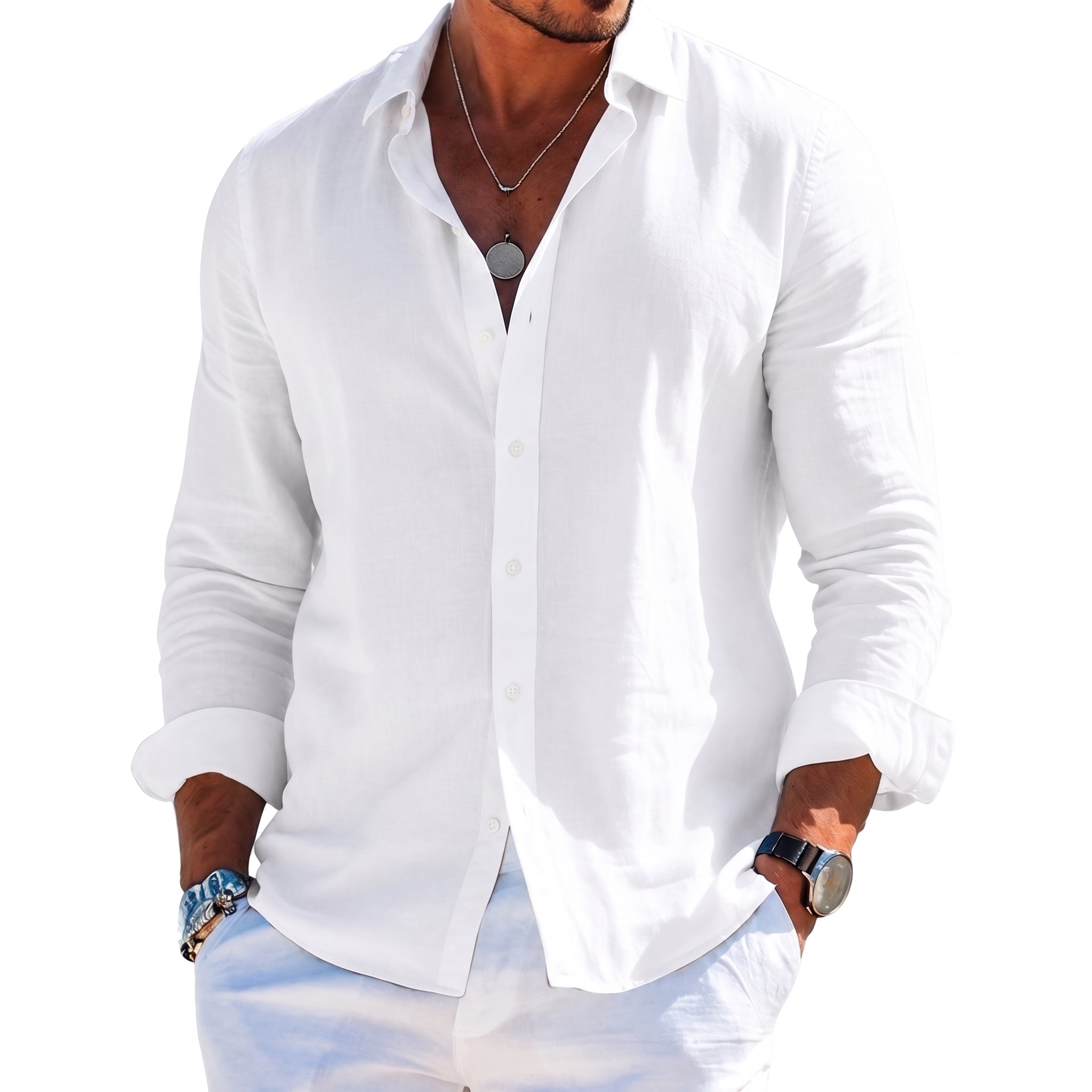 Arthur – Men's Summer Button-Down Long Sleeve Shirt - Shirts - White - Taylor & Bennett