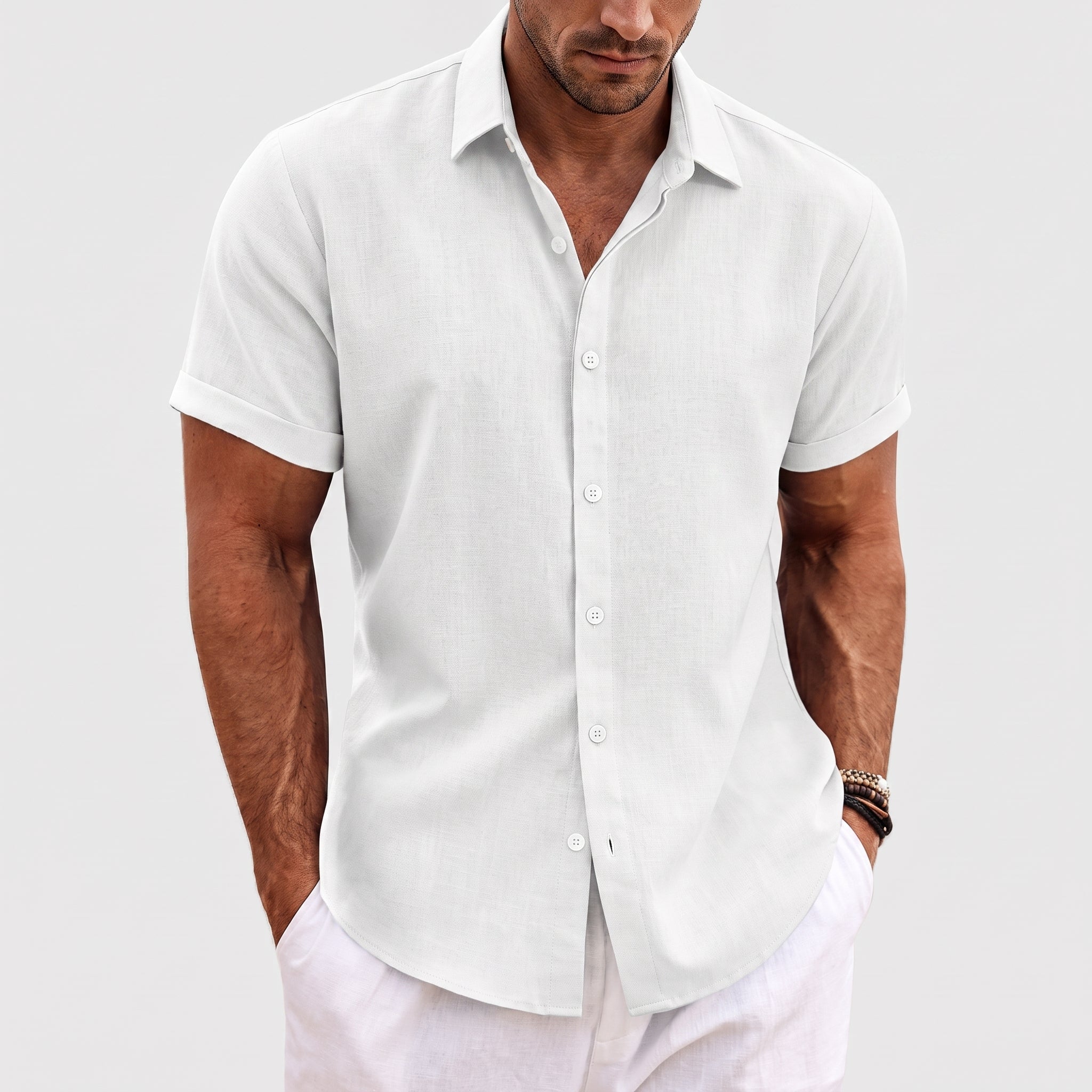 Arthur – Men's Summer Concealed Placket Short Sleeve Shirt - Shirts - White - Taylor & Bennett