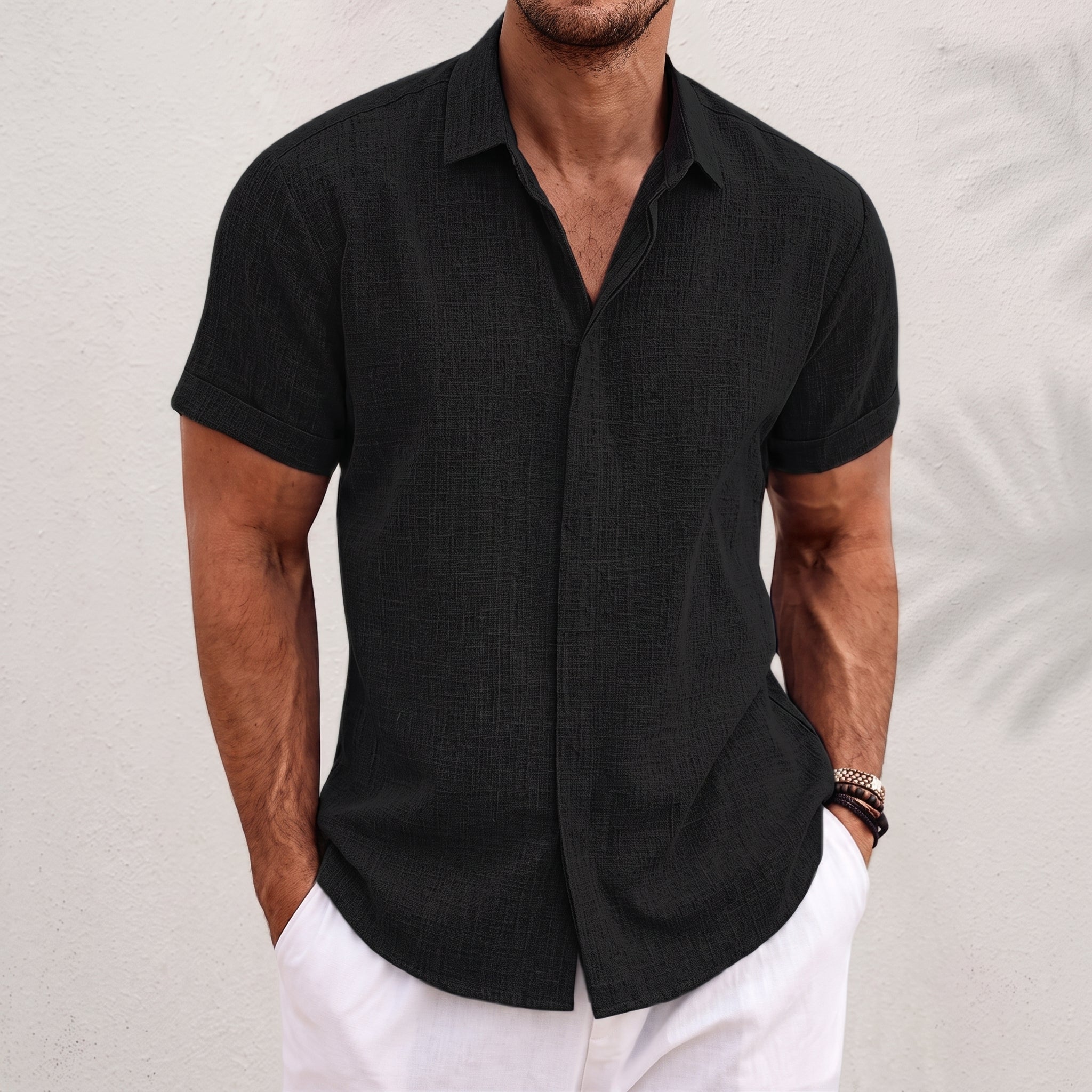 Arthur – Men's Summer Concealed Placket Short Sleeve Shirt - Shirts - Black - Taylor & Bennett