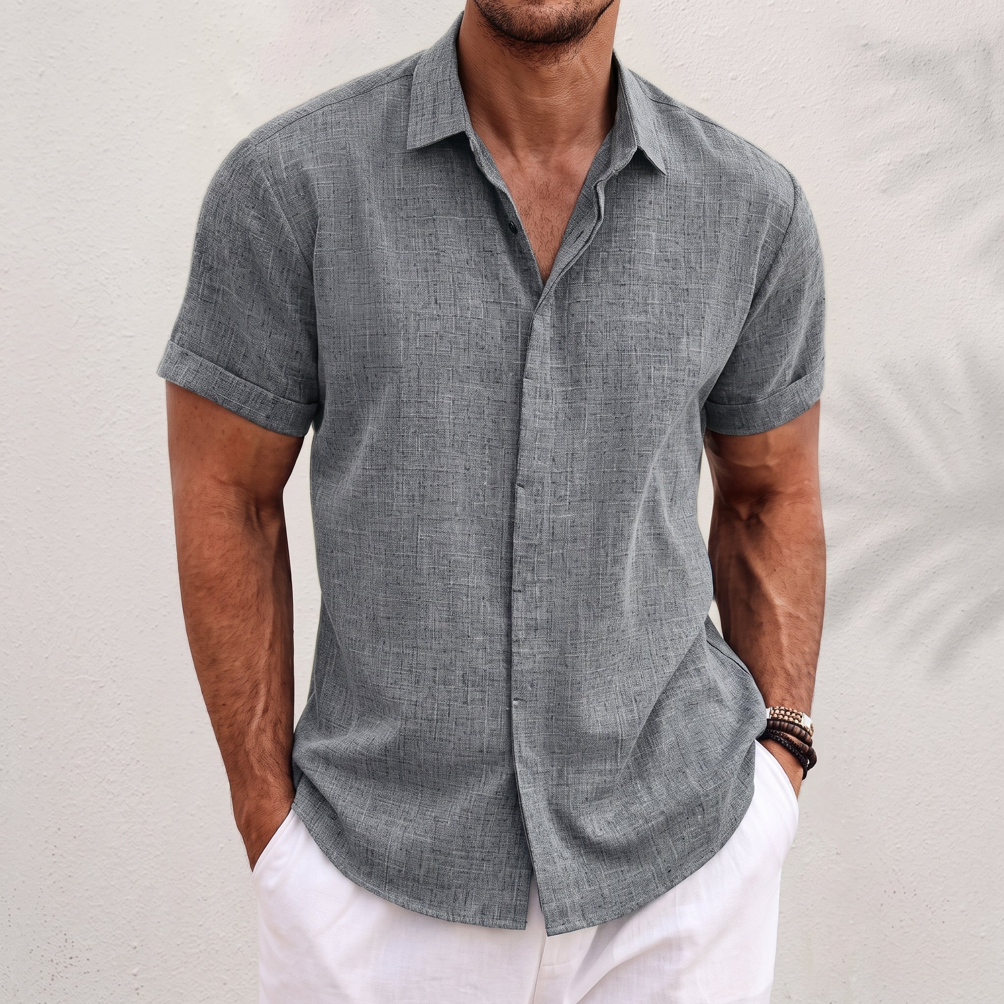 Arthur – Men's Summer Concealed Placket Short Sleeve Shirt - Shirts - Grey - Taylor & Bennett