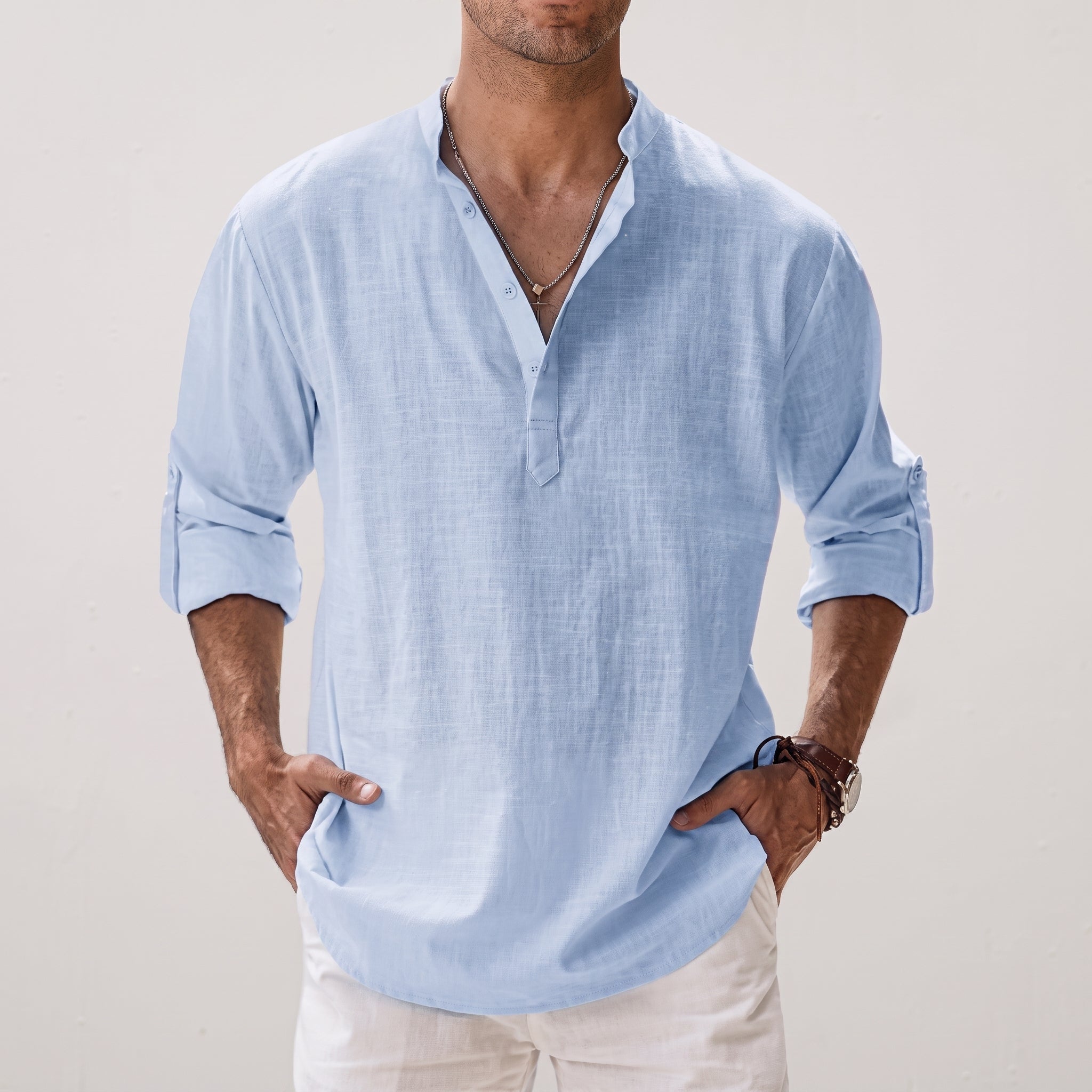 Arthur - Men's Summer Grandad Collar Henley Long Sleeve Shirt - Henley Shirts - Light Blue - Taylor & Bennett