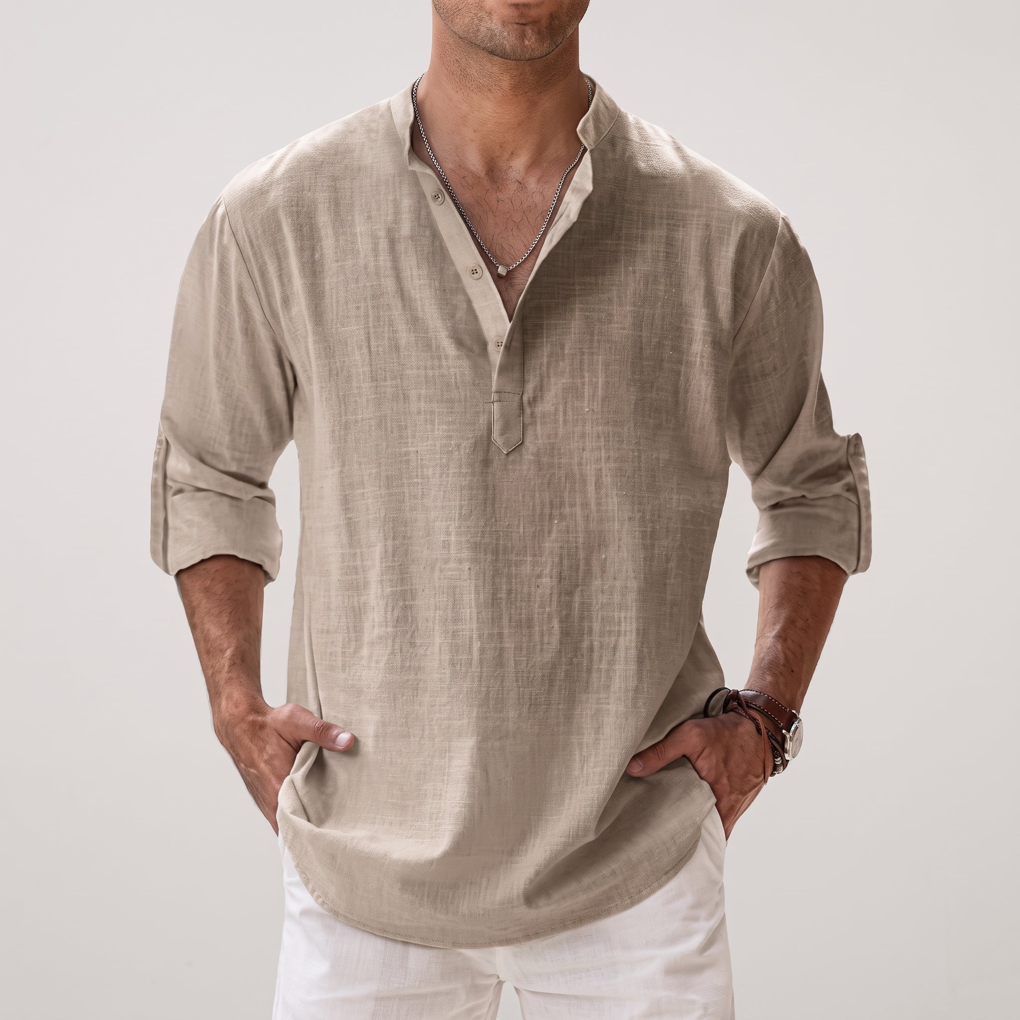 Arthur - Men's Summer Grandad Collar Henley Long Sleeve Shirt - Henley Shirts - Khaki - Taylor & Bennett