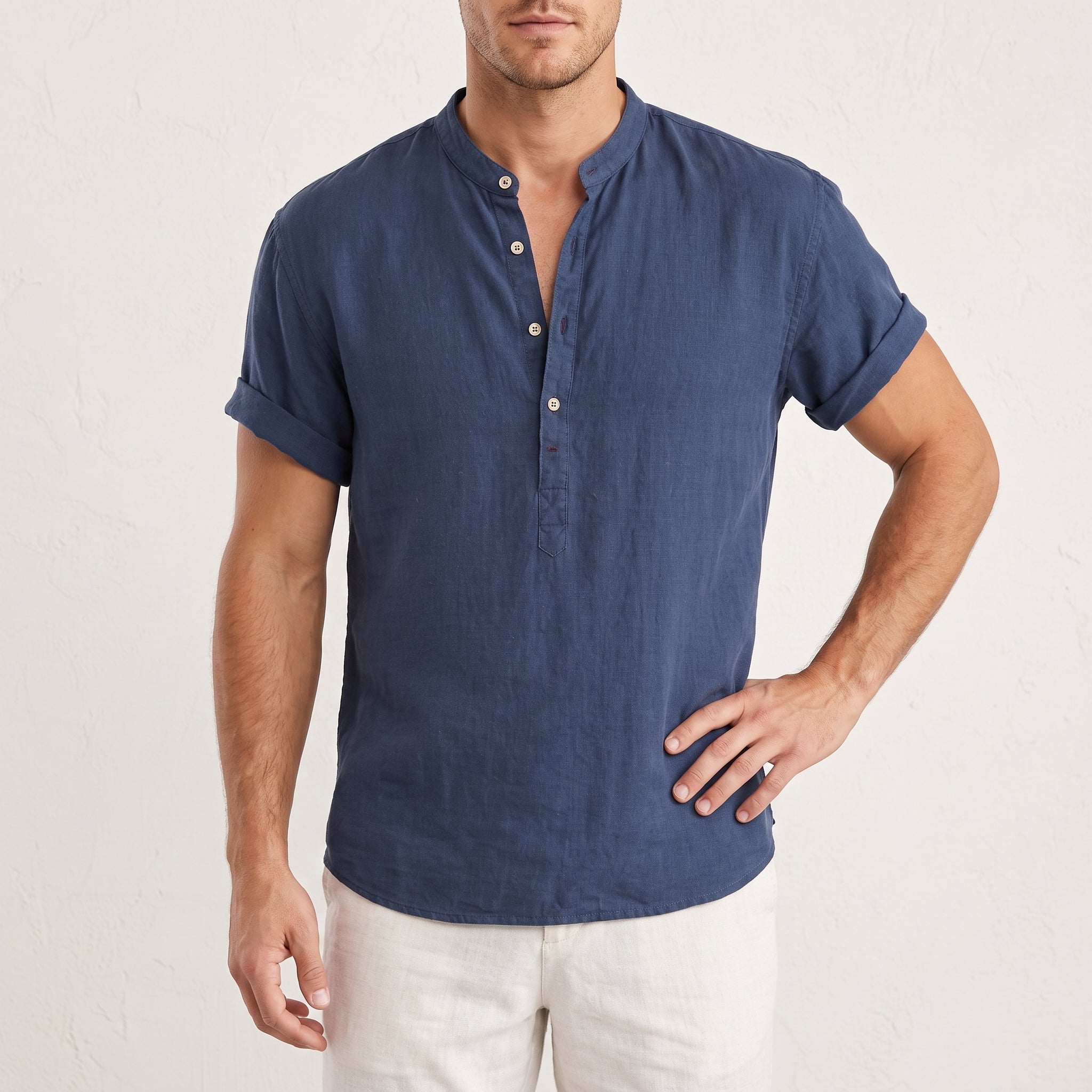 Arthur - Men's Summer Grandad Collar Short Sleeve Shirt - Shirts - Dark Blue - Taylor & Bennett