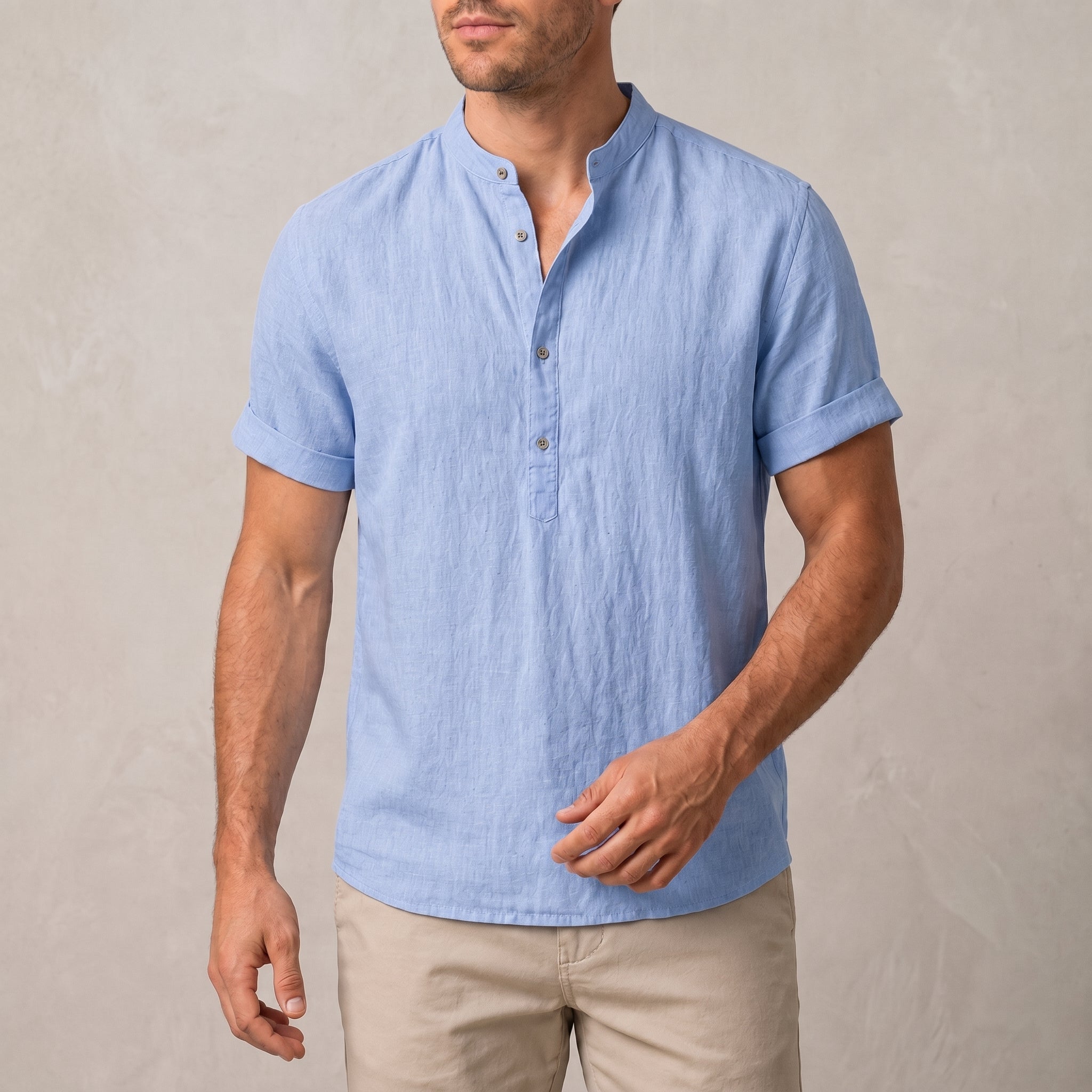 Arthur - Men's Summer Grandad Collar Short Sleeve Shirt - Shirts - Light Blue - Taylor & Bennett