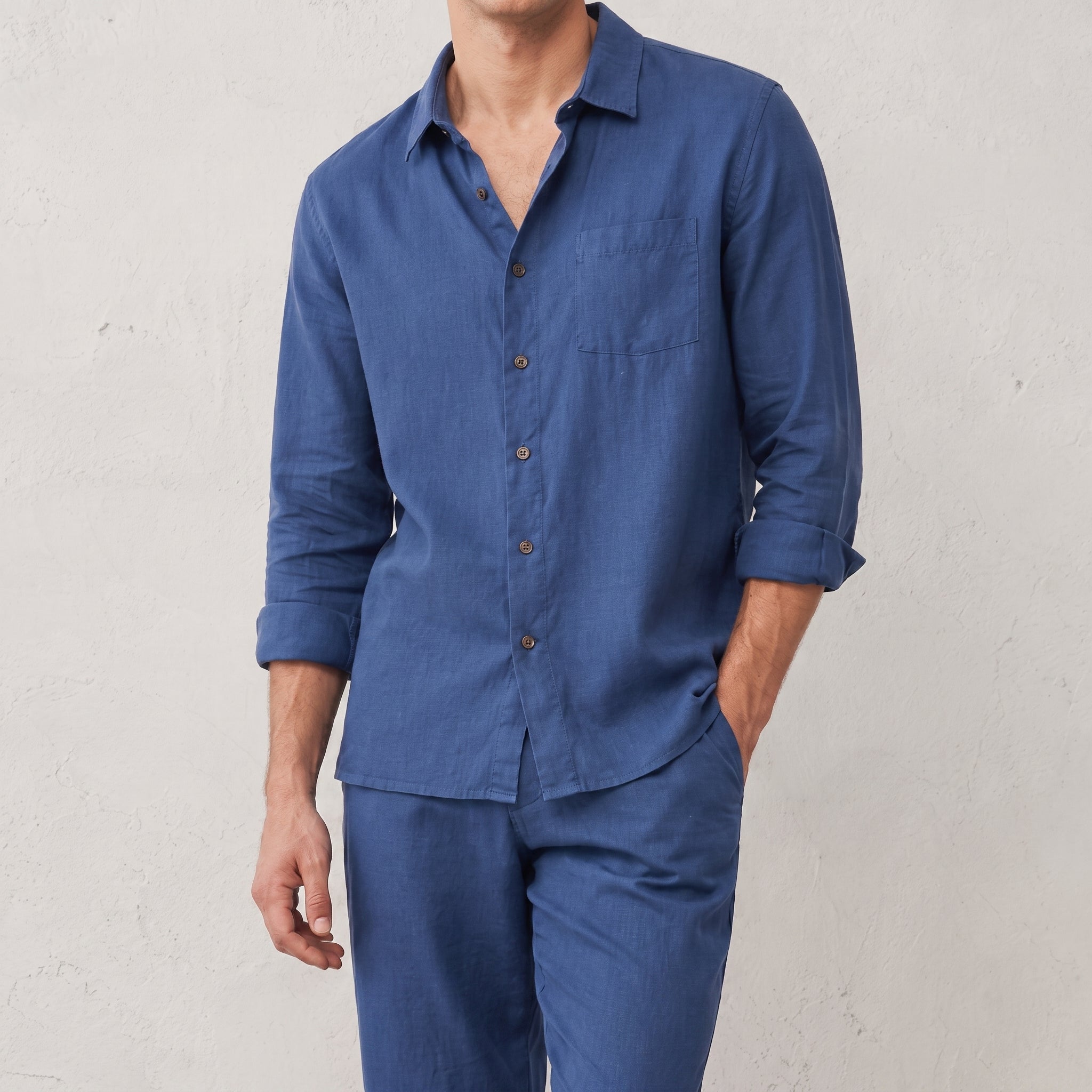 Arthur - Men's Summer Point Collar Long Sleeve Shirt - Shirts - Blue - Taylor & Bennett