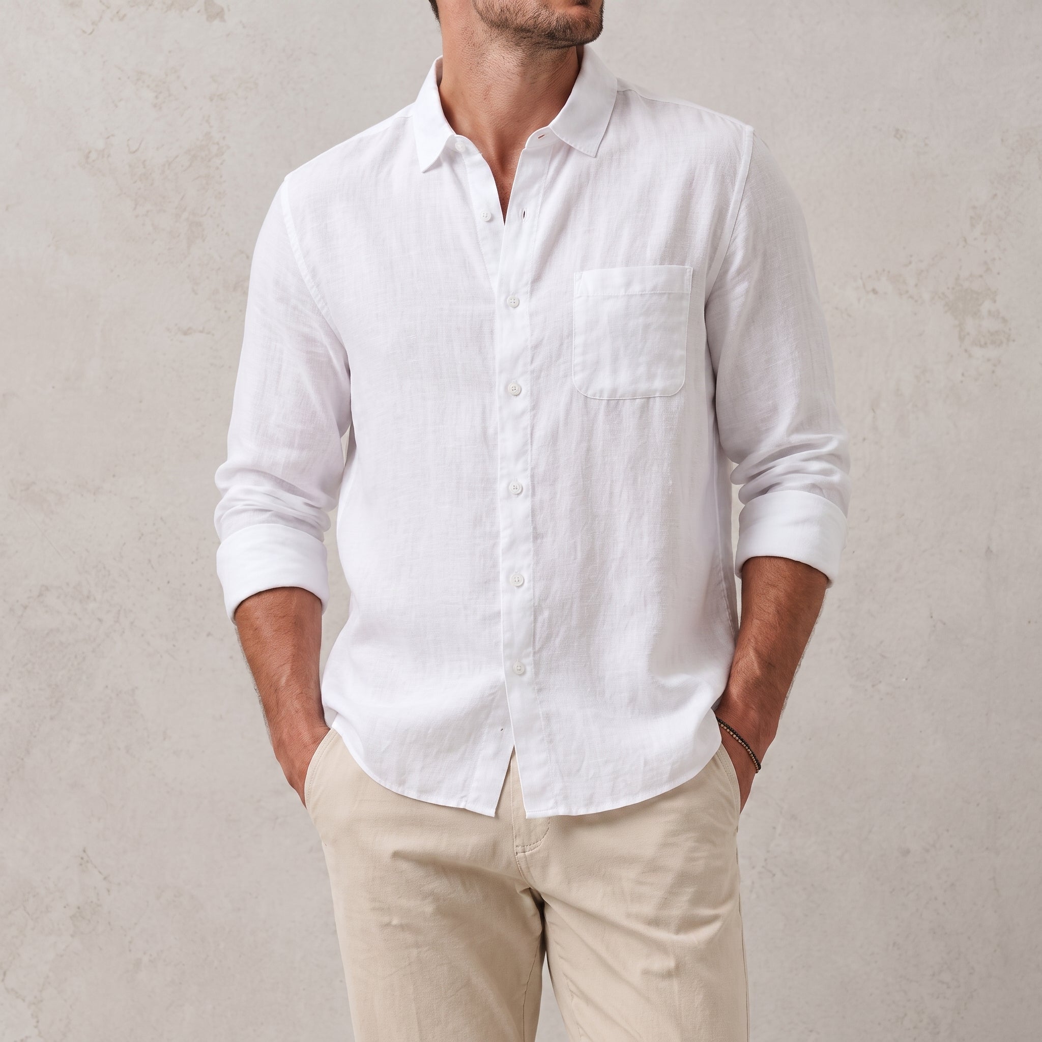 Arthur - Men's Summer Point Collar Long Sleeve Shirt - Shirts - White - Taylor & Bennett