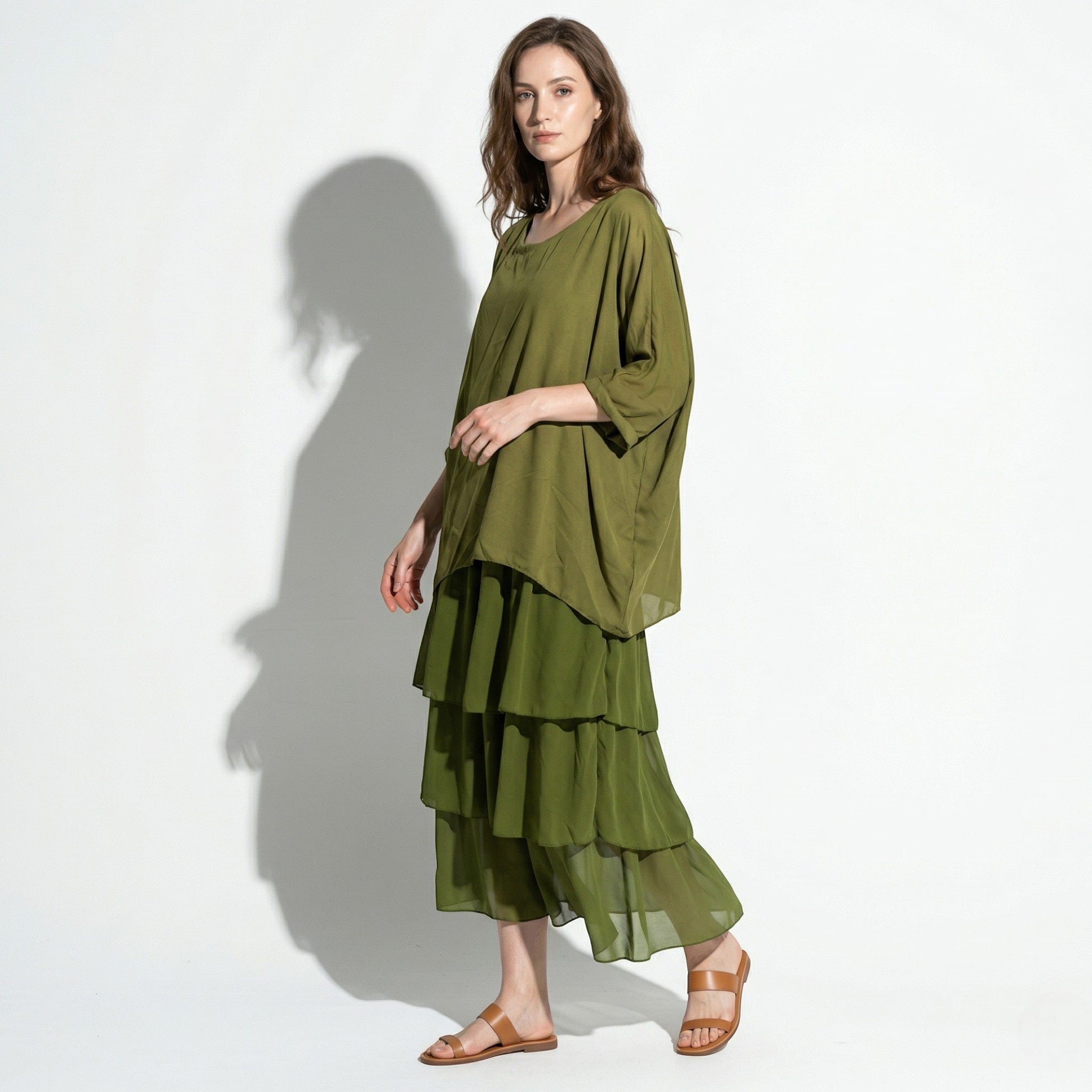 Athena – Women's Batwing Tiered Summer Maxi Dress - Maxi Dress - Olive Green - Taylor & Bennett