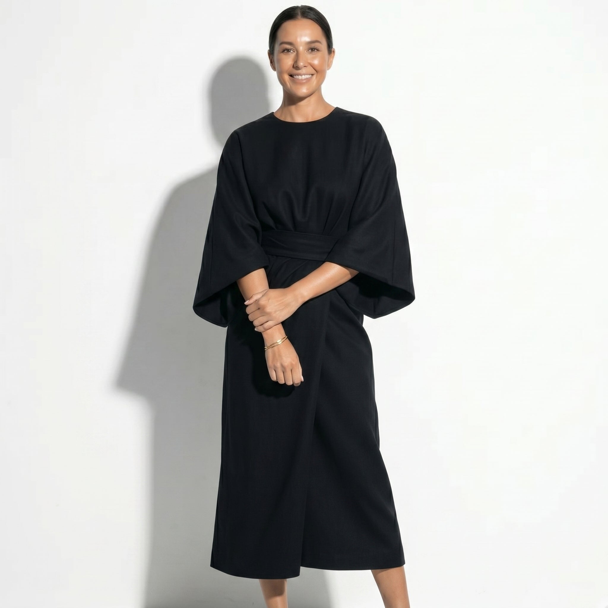 Aurora - Women's Flowy Belted Kimono Style Maxi Dress - Dress - Black - Taylor & Bennett