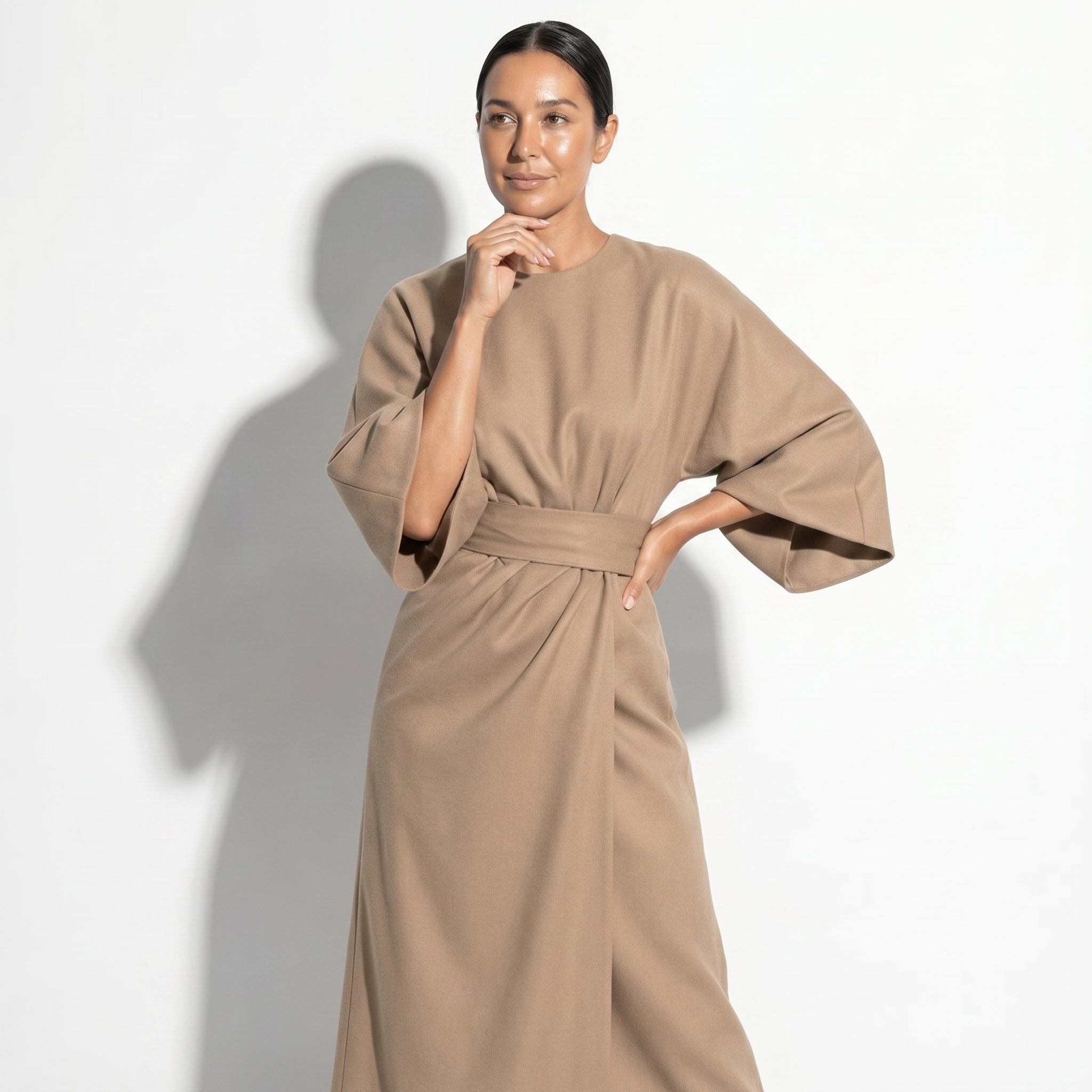 Aurora - Women's Flowy Belted Kimono Style Maxi Dress - Dress - Beige - Taylor & Bennett