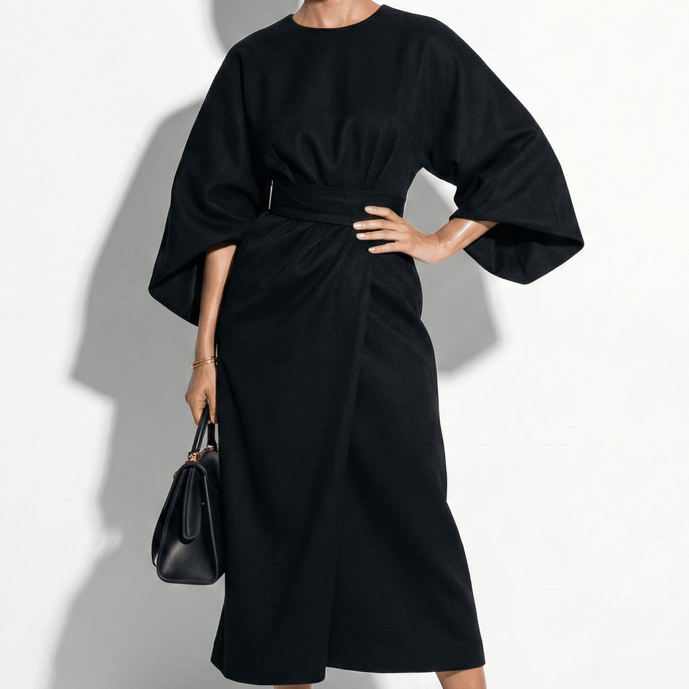 Aurora - Women's Flowy Belted Kimono Style Maxi Dress - Dress - Black - Taylor & Bennett