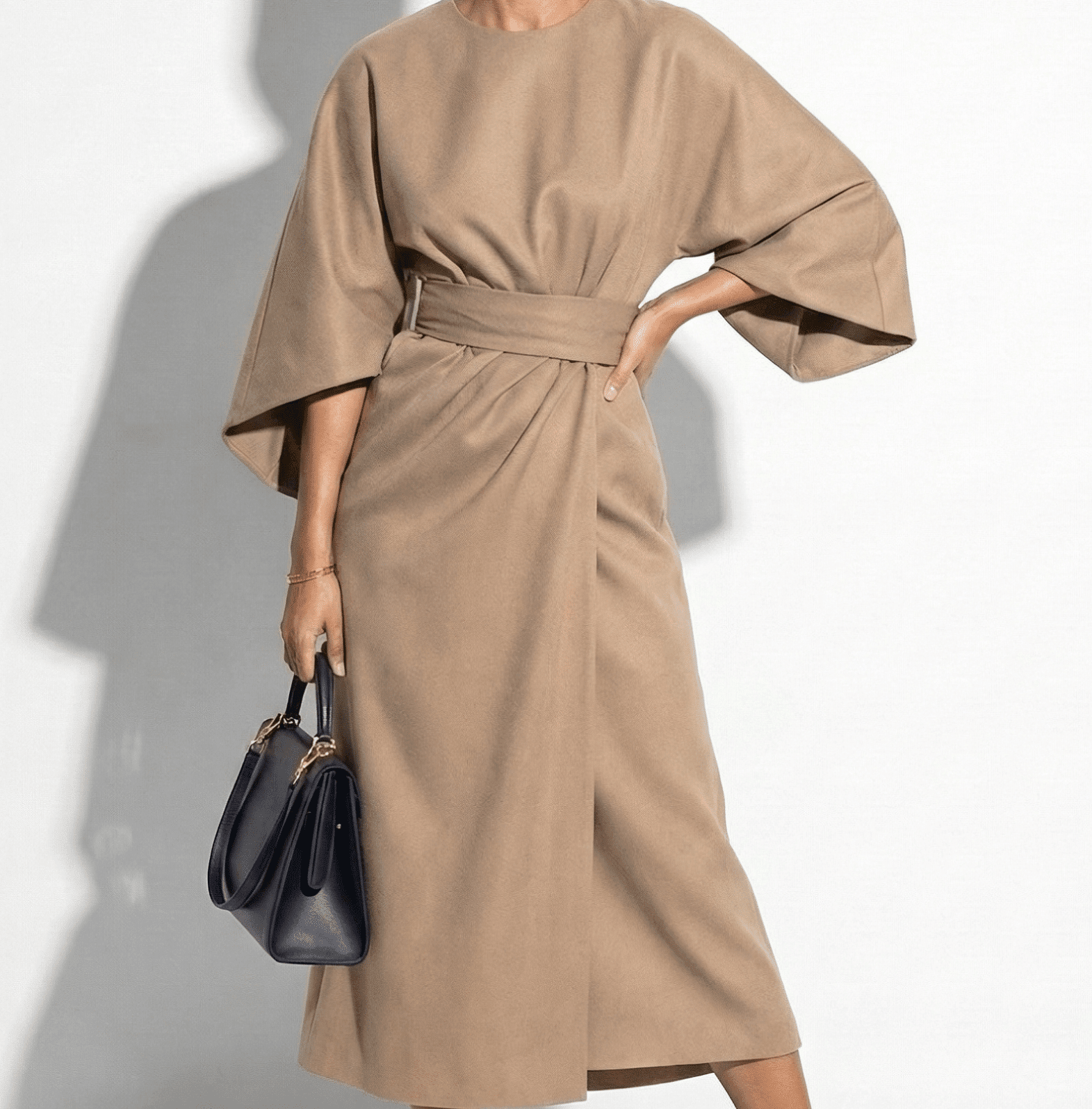 Aurora - Women's Flowy Belted Kimono Style Maxi Dress - Dress - Beige - Taylor & Bennett