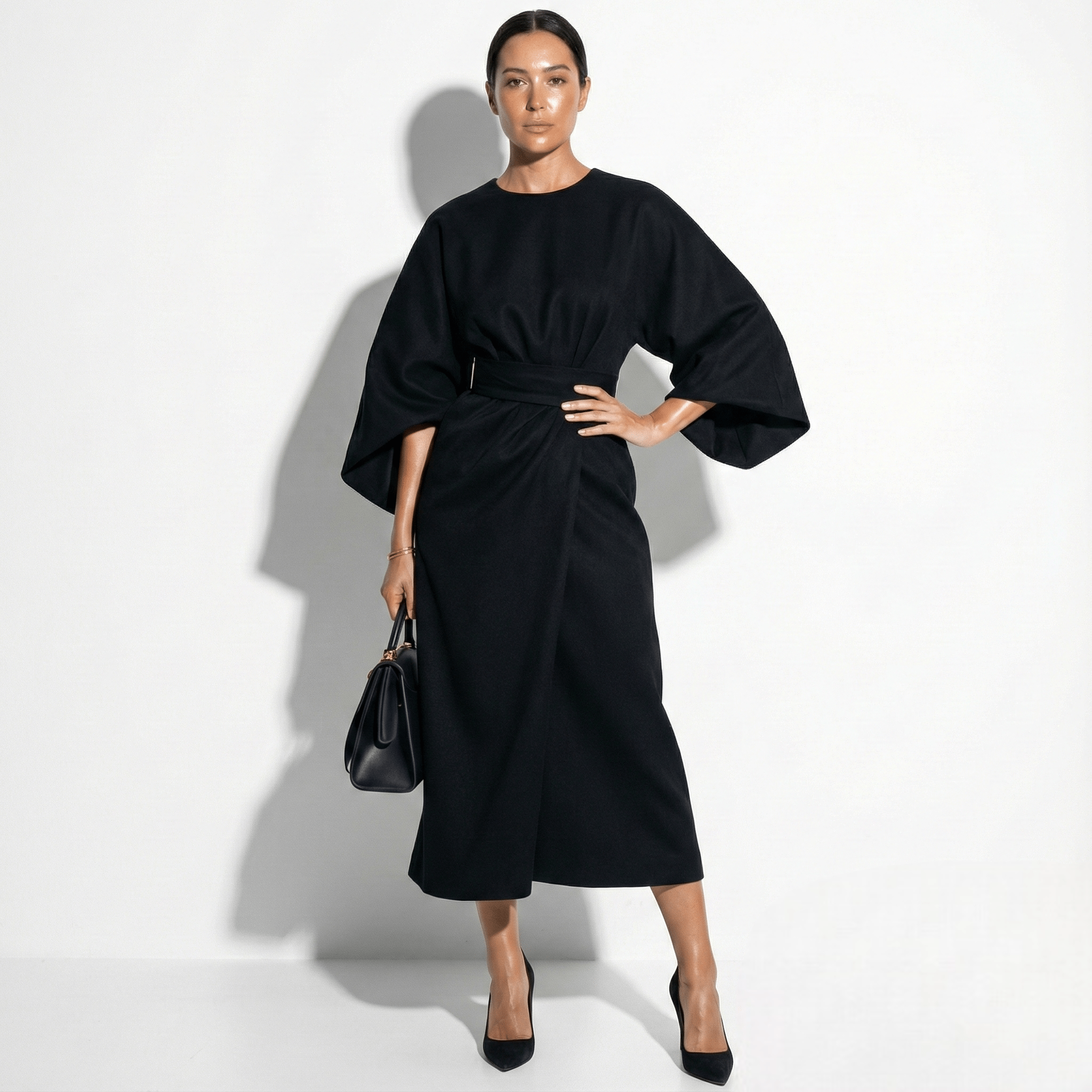 Aurora - Women's Flowy Belted Kimono Style Maxi Dress - Dress - Black - Taylor & Bennett
