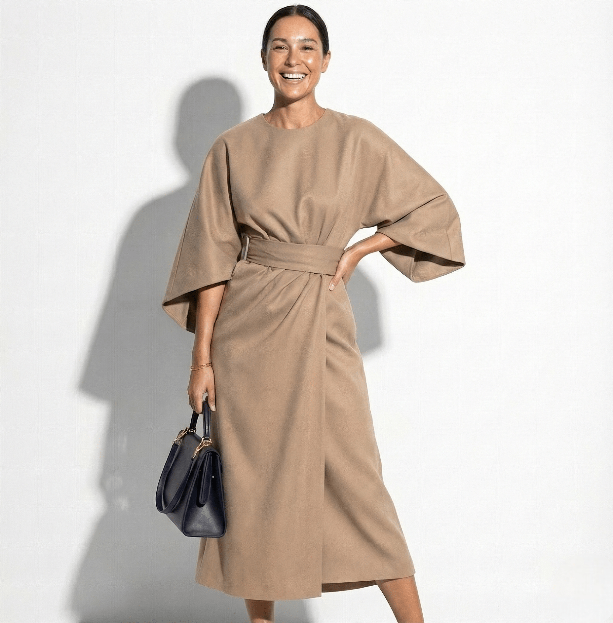 Aurora - Women's Flowy Belted Kimono Style Maxi Dress - Dress - Beige - Taylor & Bennett