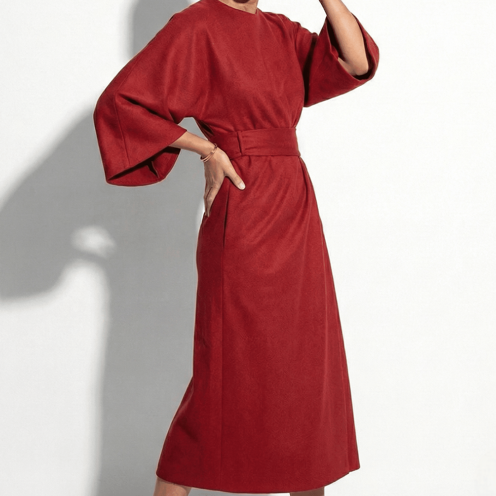 Aurora - Women's Flowy Belted Kimono Style Maxi Dress - Dress - Red - Taylor & Bennett