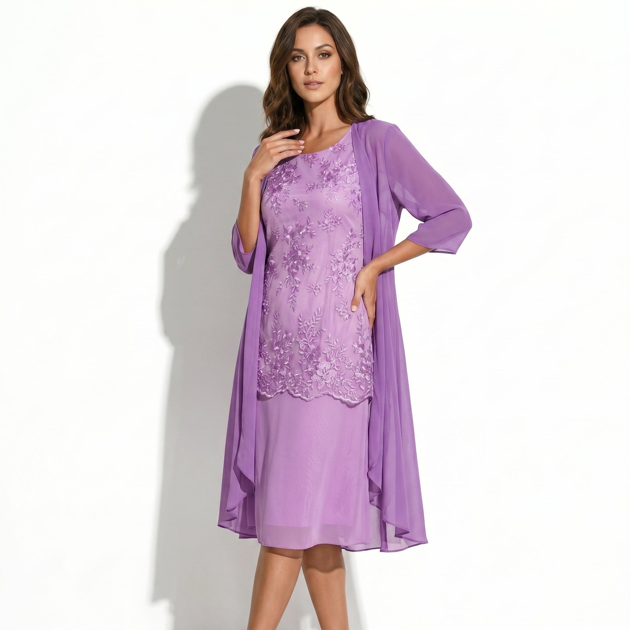 Ava - Women's Floral Lace Layered Maxi Dress with Chiffon Jacket - Women Dress - Purple - Taylor & Bennett