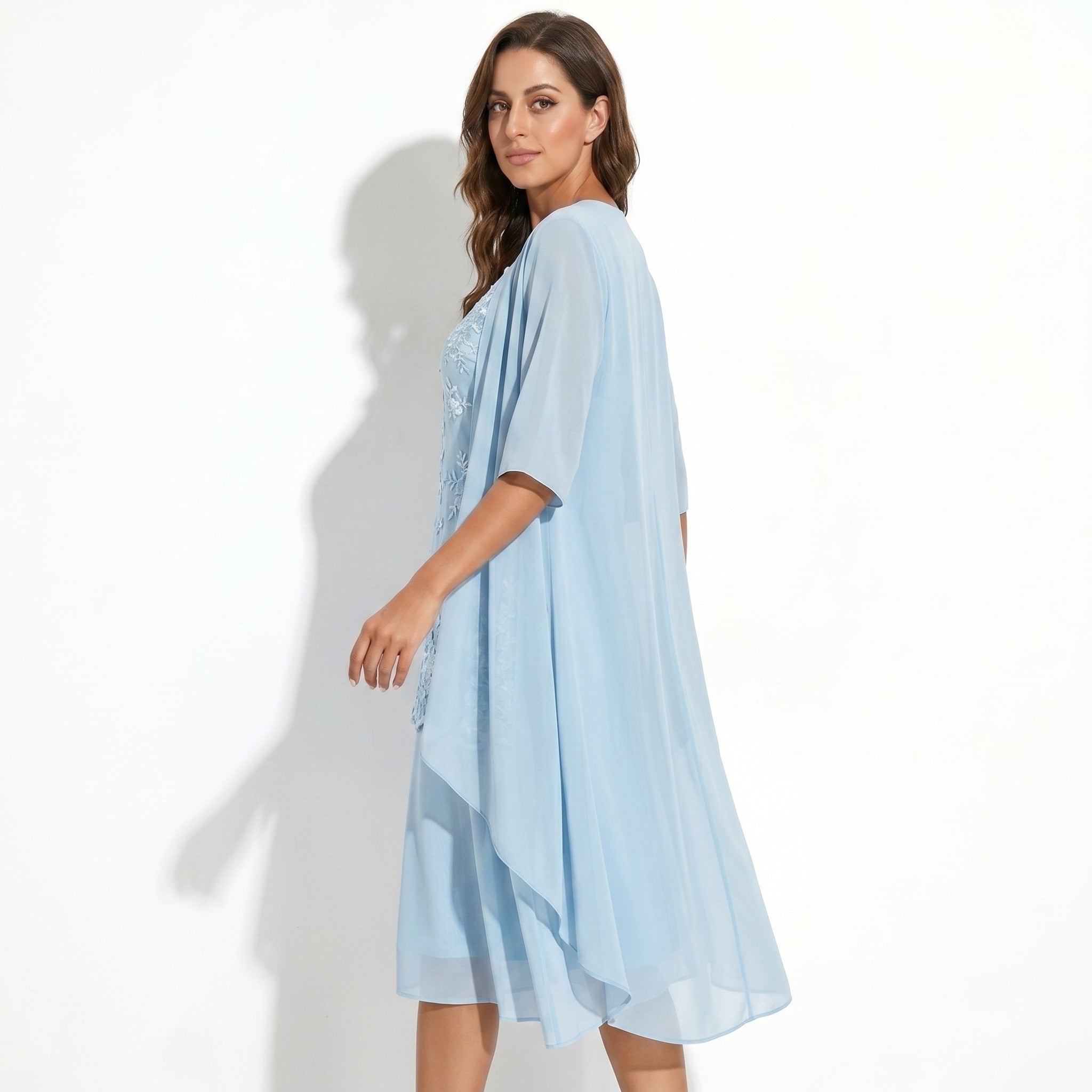 Ava - Women's Floral Lace Layered Maxi Dress with Chiffon Jacket - Women Dress - Sky Blue - Taylor & Bennett