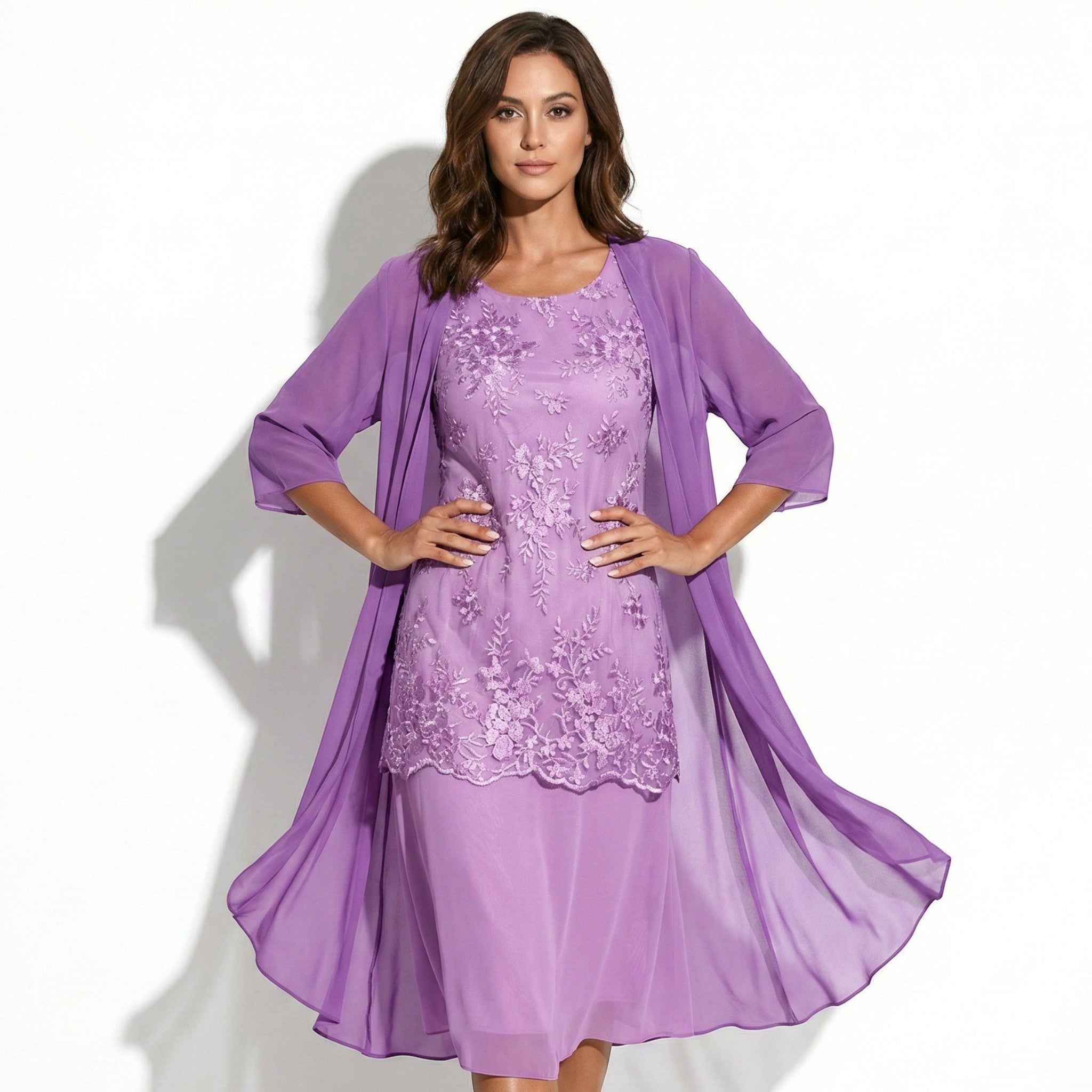 Ava - Women's Floral Lace Layered Maxi Dress with Chiffon Jacket - Women Dress - Purple - Taylor & Bennett