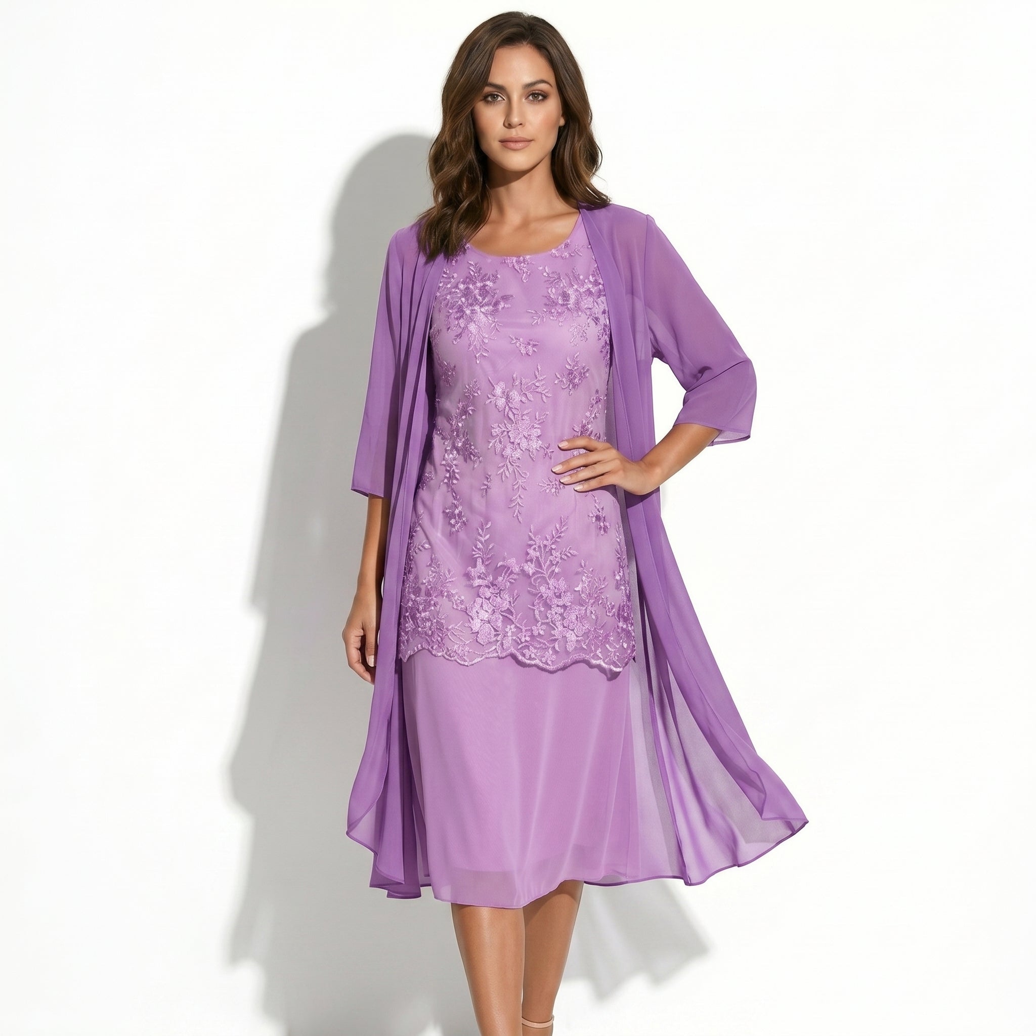 Ava - Women's Floral Lace Layered Maxi Dress with Chiffon Jacket - Women Dress - Purple - Taylor & Bennett
