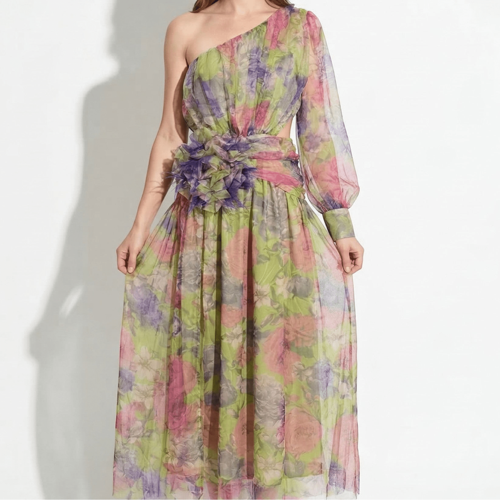 Ava - Women's Floral One Shoulder Maxi Dress - Maxi Dresses - Green - Taylor & Bennett