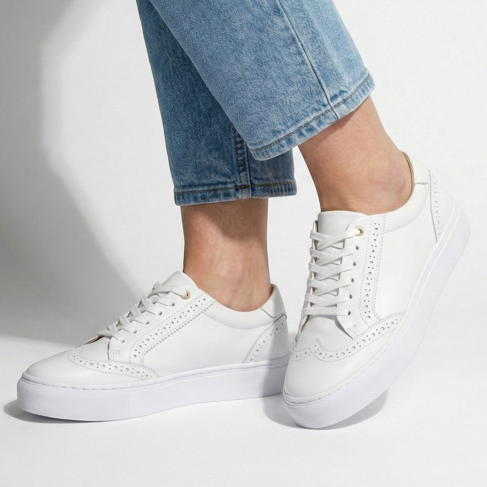 Ava - Women's Lace - Up Trainers with Brogue Detail - Shoes - White - Taylor & Bennett