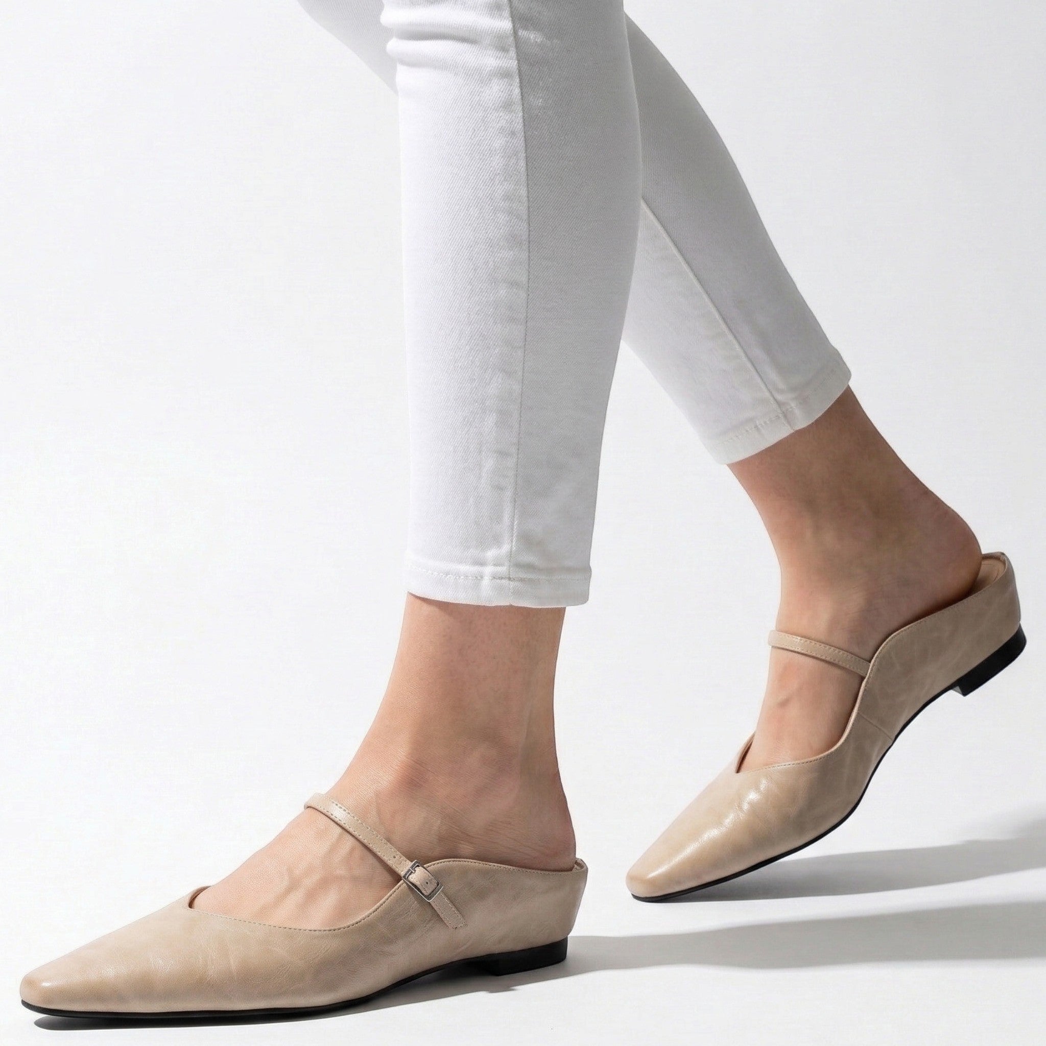 Ava - Women's Pointed - Toe Mary Jane Mules with Buckle Strap - Sandal - Beige - Taylor & Bennett