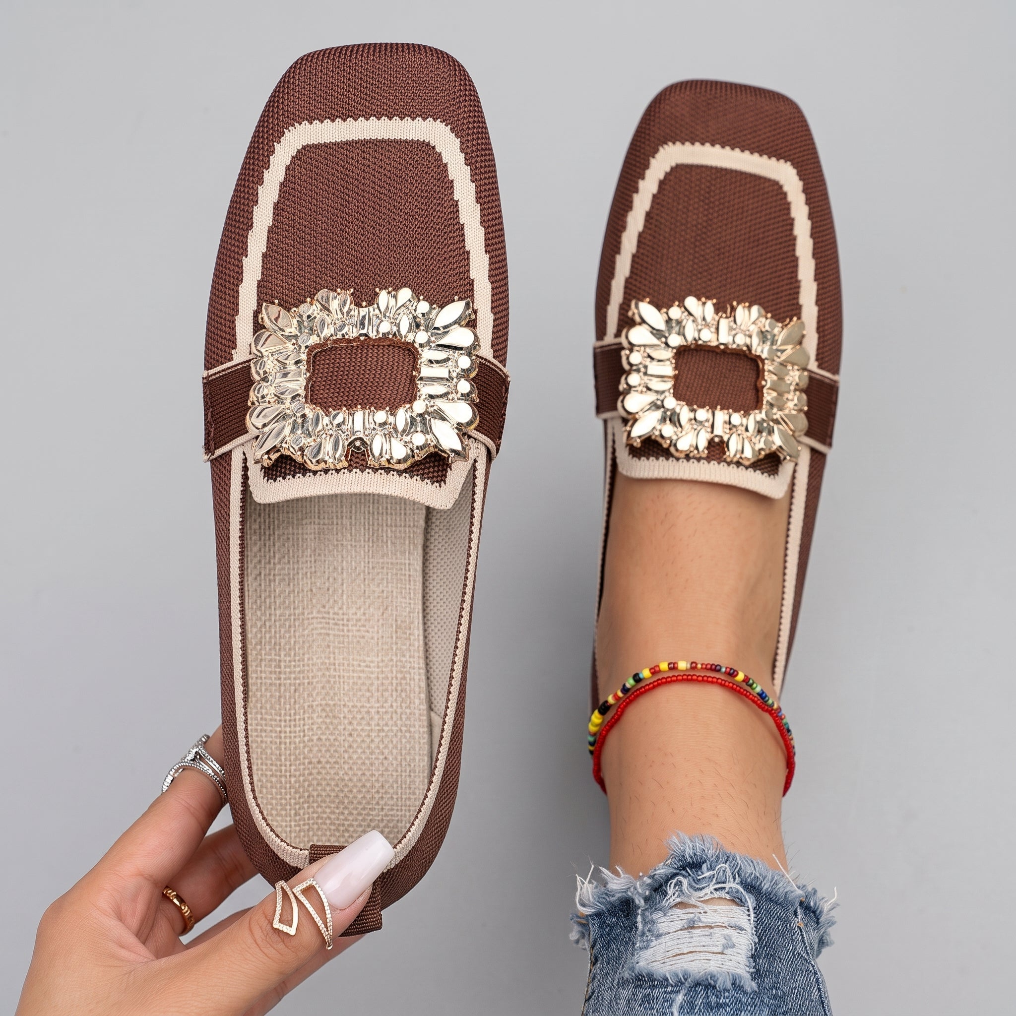 Barrett - Women's Embellished Square Toe Flat Loafers - Loafers - Brown - Taylor & Bennett