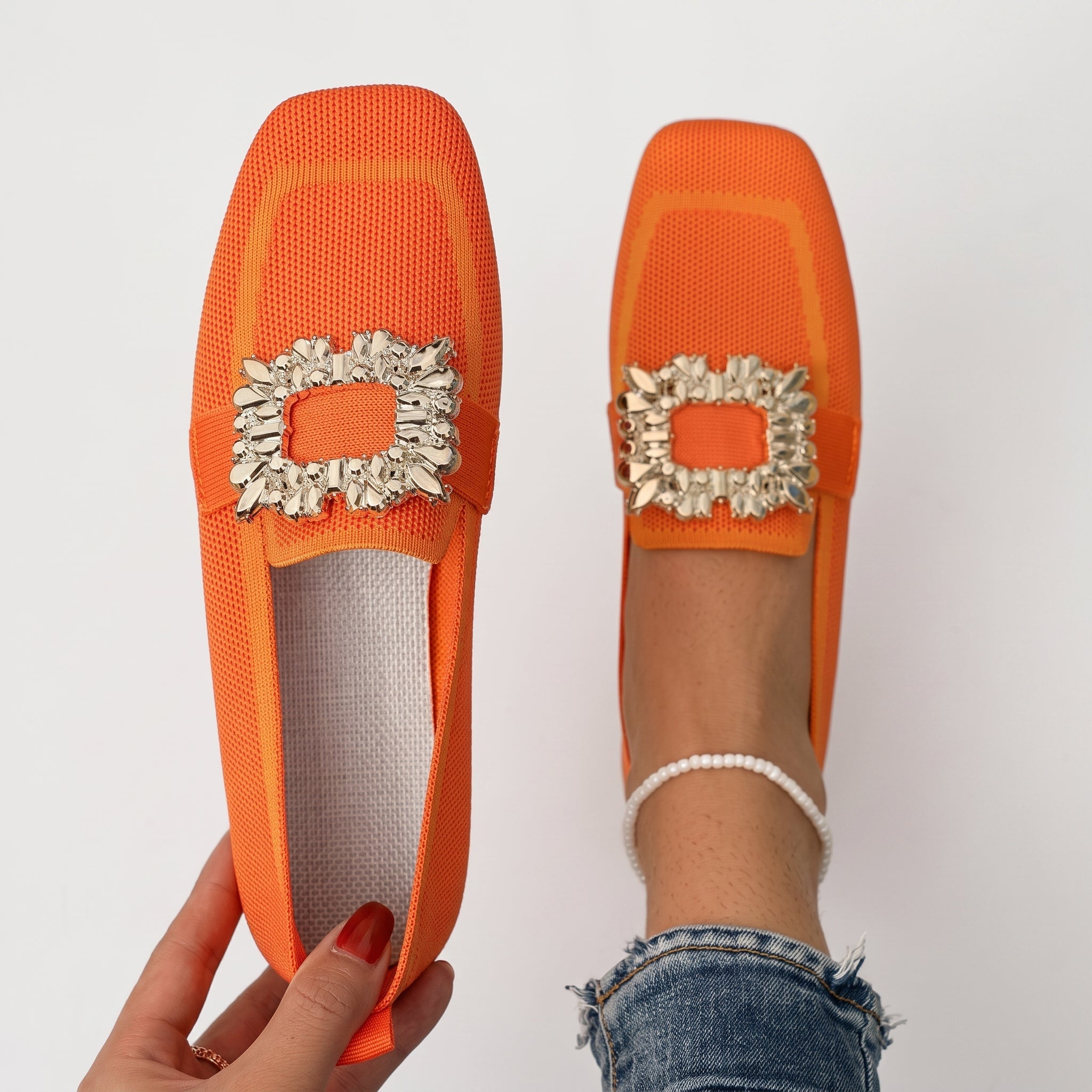 Barrett - Women's Embellished Square Toe Flat Loafers - Loafers - Orange - Taylor & Bennett