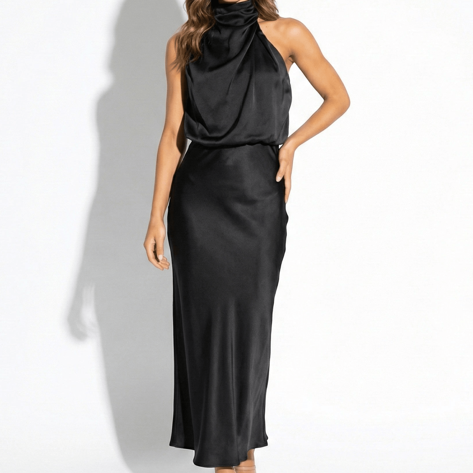 Belle - Women's High Neck Satin Maxi Dress with Shimmer Finish - Dress - Black - Taylor & Bennett