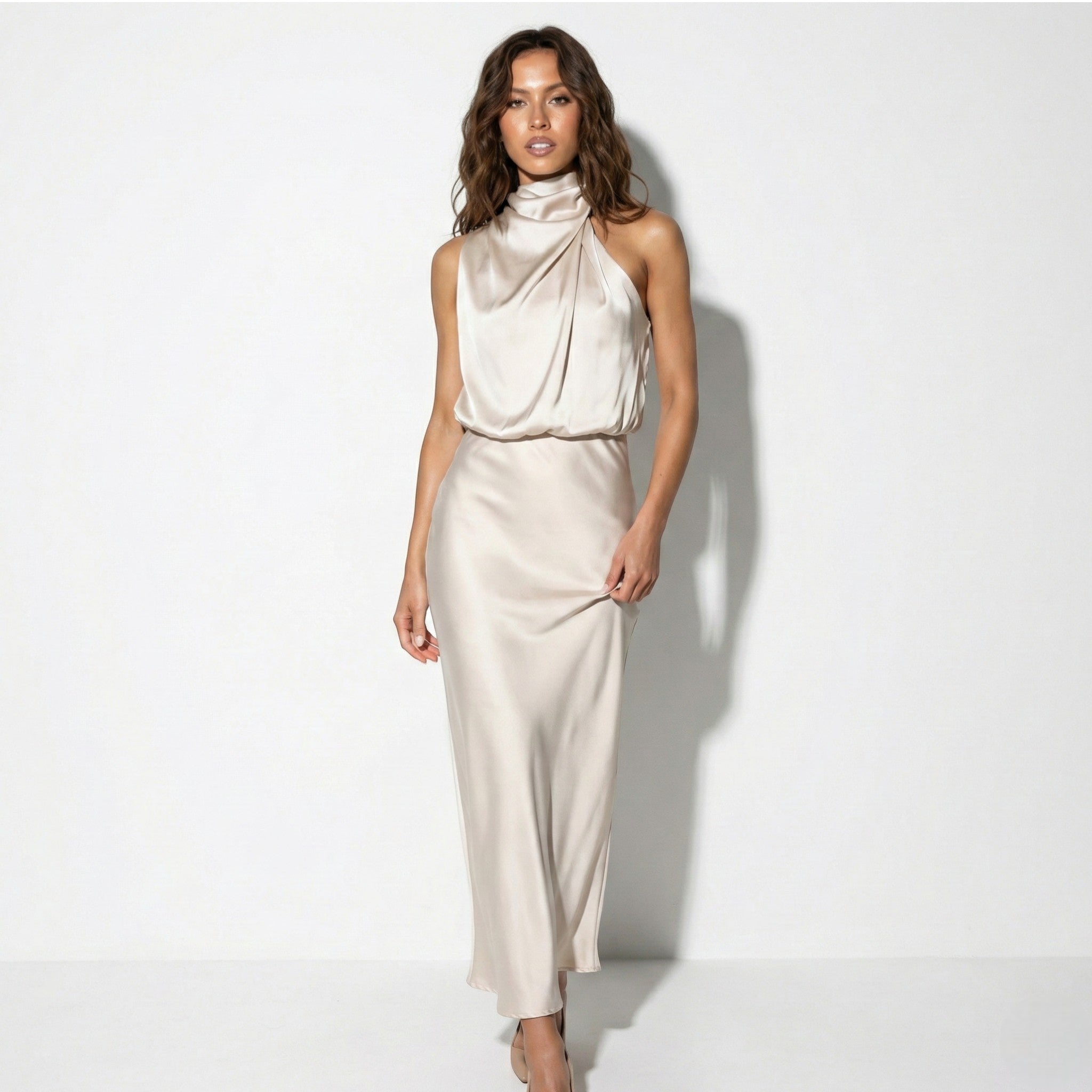 Belle - Women's High Neck Satin Maxi Dress with Shimmer Finish - Dress - Champagne - Taylor & Bennett