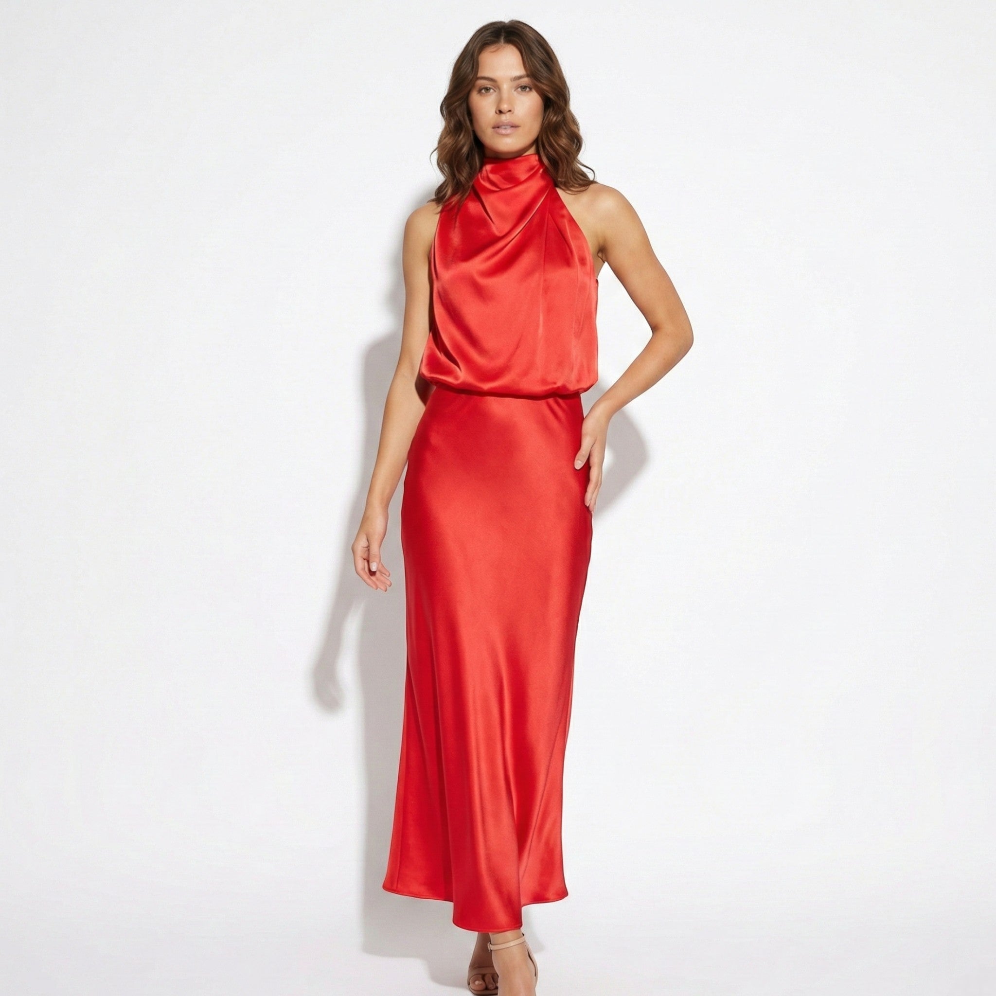 Belle - Women's High Neck Satin Maxi Dress with Shimmer Finish - Dress - Red - Taylor & Bennett