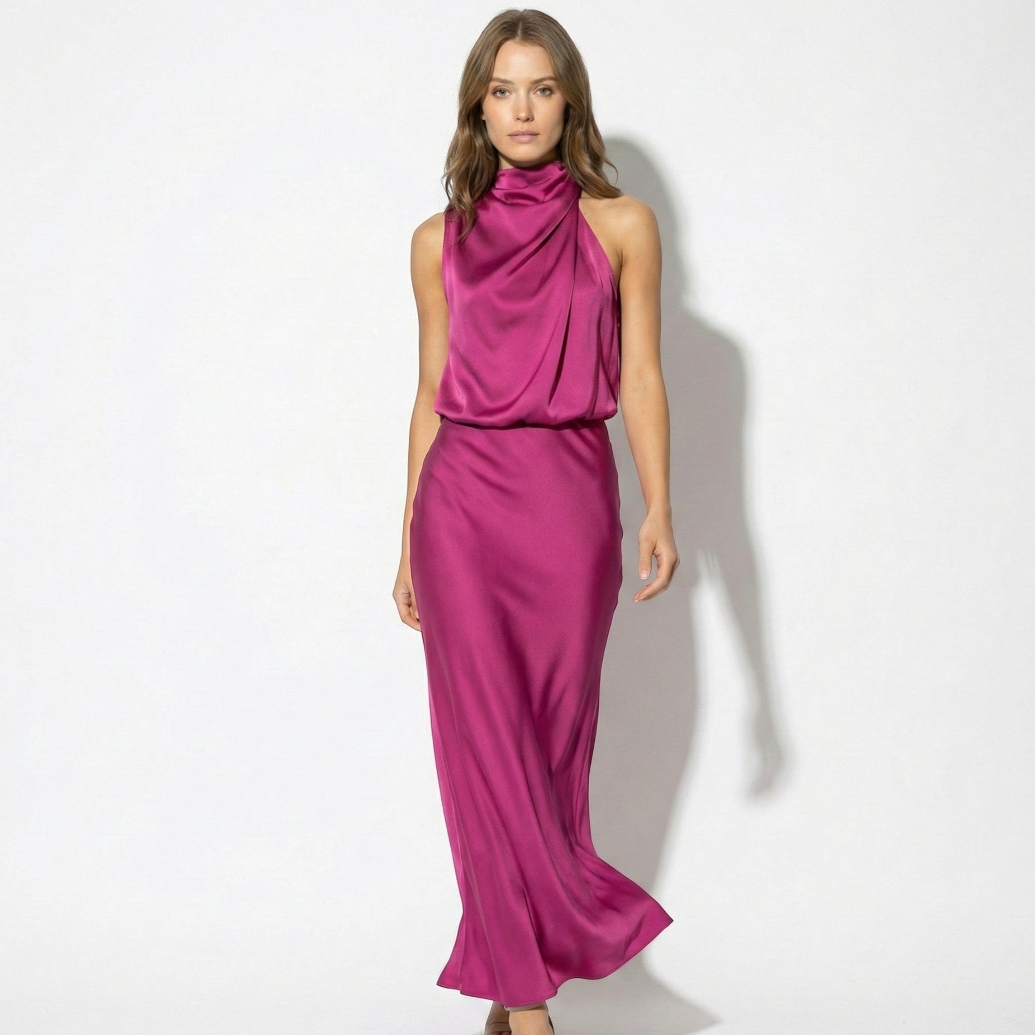 Belle - Women's High Neck Satin Maxi Dress with Shimmer Finish - Dress - Pink - Taylor & Bennett
