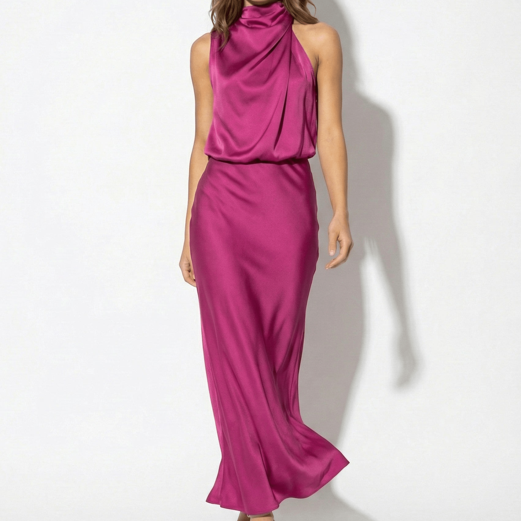 Belle - Women's High Neck Satin Maxi Dress with Shimmer Finish - Dress - Pink - Taylor & Bennett