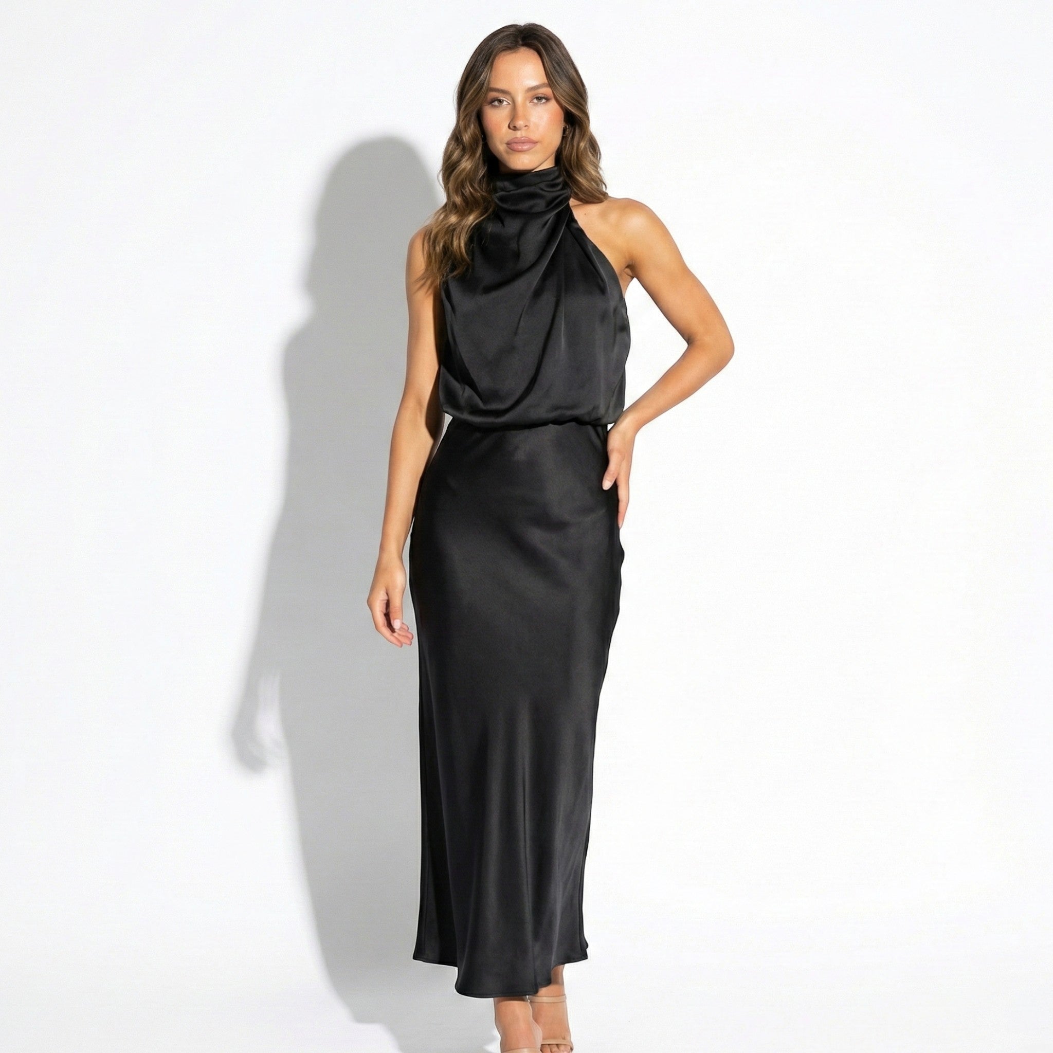 Belle - Women's High Neck Satin Maxi Dress with Shimmer Finish - Dress - Black - Taylor & Bennett
