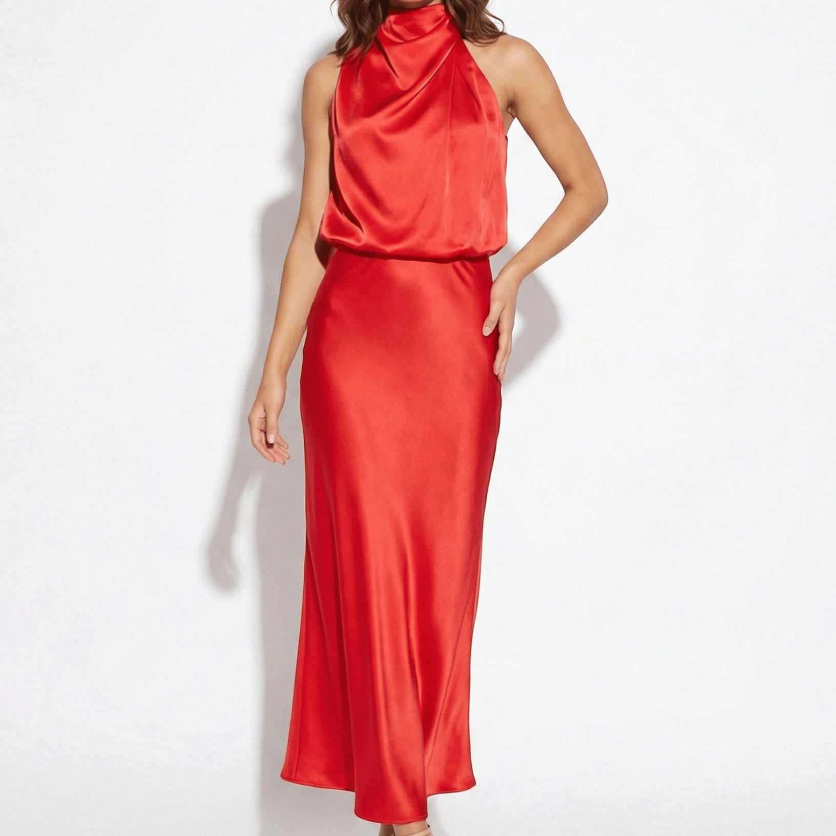 Belle - Women's High Neck Satin Maxi Dress with Shimmer Finish - Dress - Red - Taylor & Bennett