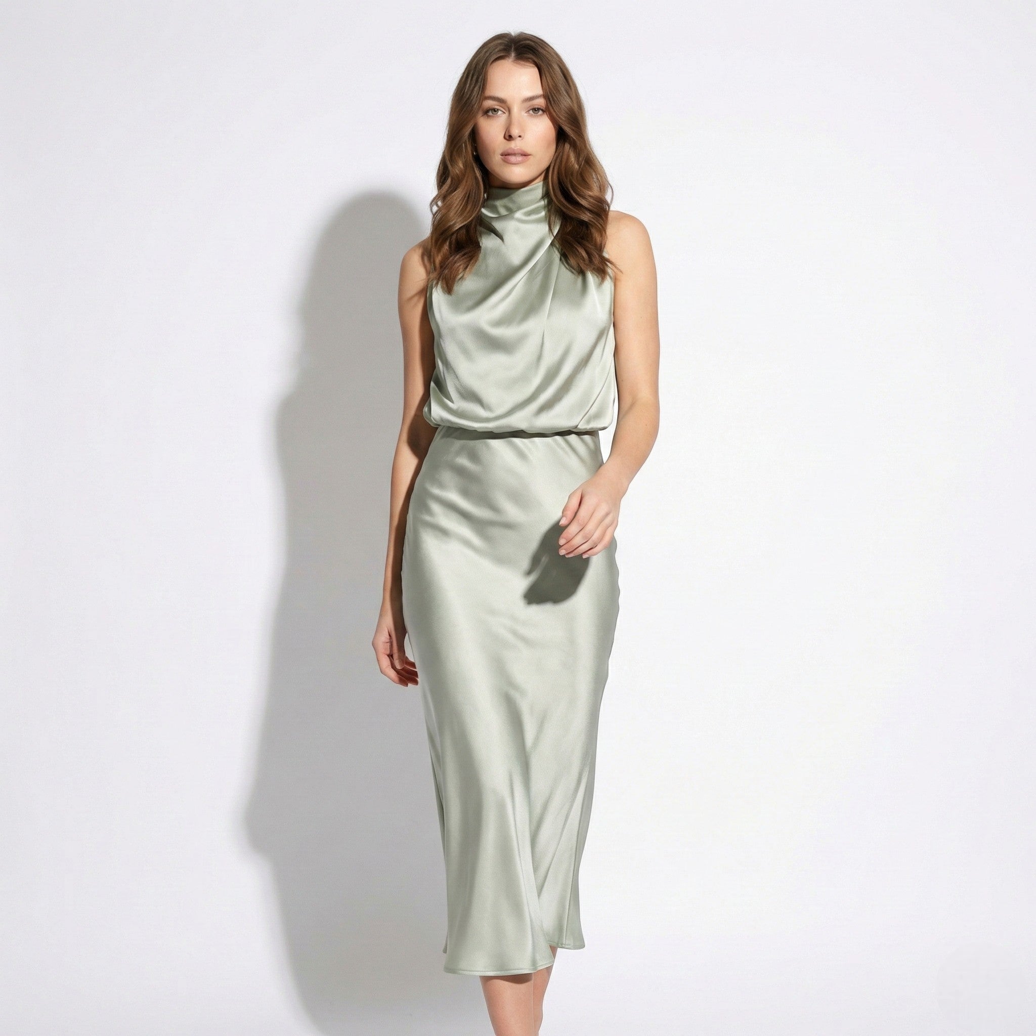 Belle - Women's High Neck Satin Maxi Dress with Shimmer Finish - Dress - Silver - Taylor & Bennett