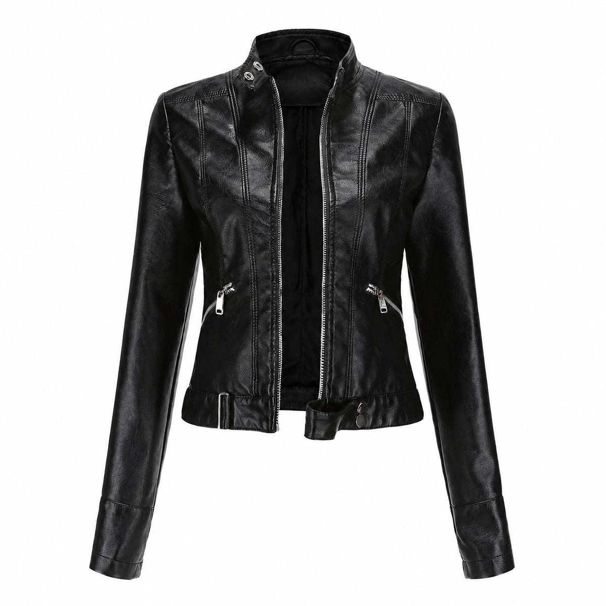 Bena - Women's Cropped Biker Jacket with Zip Pockets and Stand Collar - Motorcycle Outerwear - Black - Taylor & Bennett