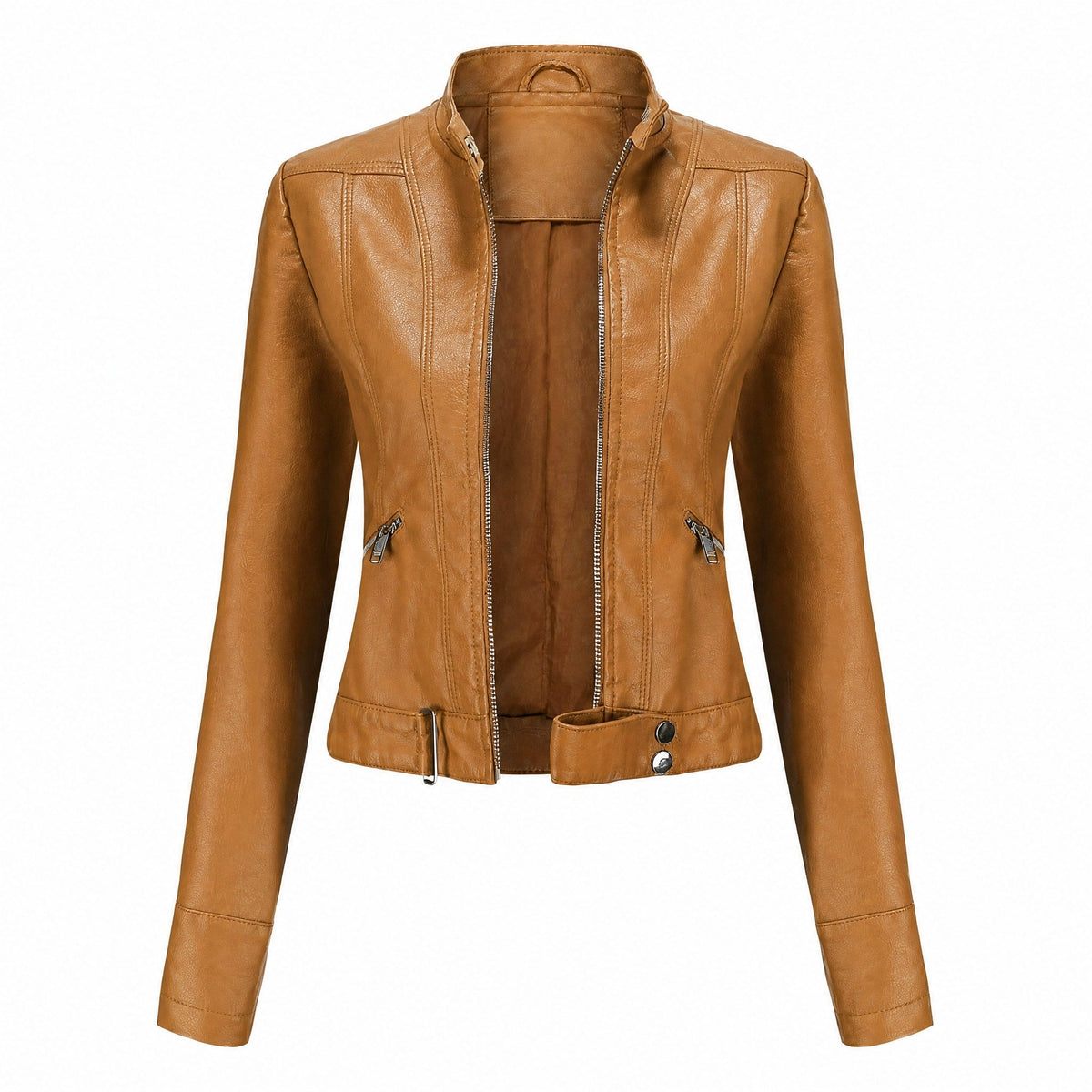 Bena - Women's Cropped Biker Jacket with Zip Pockets and Stand Collar - Motorcycle Outerwear - Camel - Taylor & Bennett