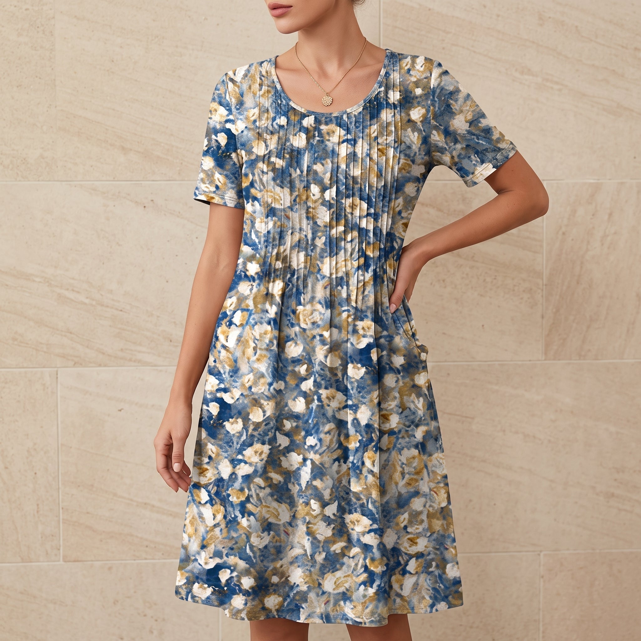 Bertha - Women's Summer Floral Scoop Neck Pleated Midi Dress - Dresses - Yellow - Taylor & Bennett