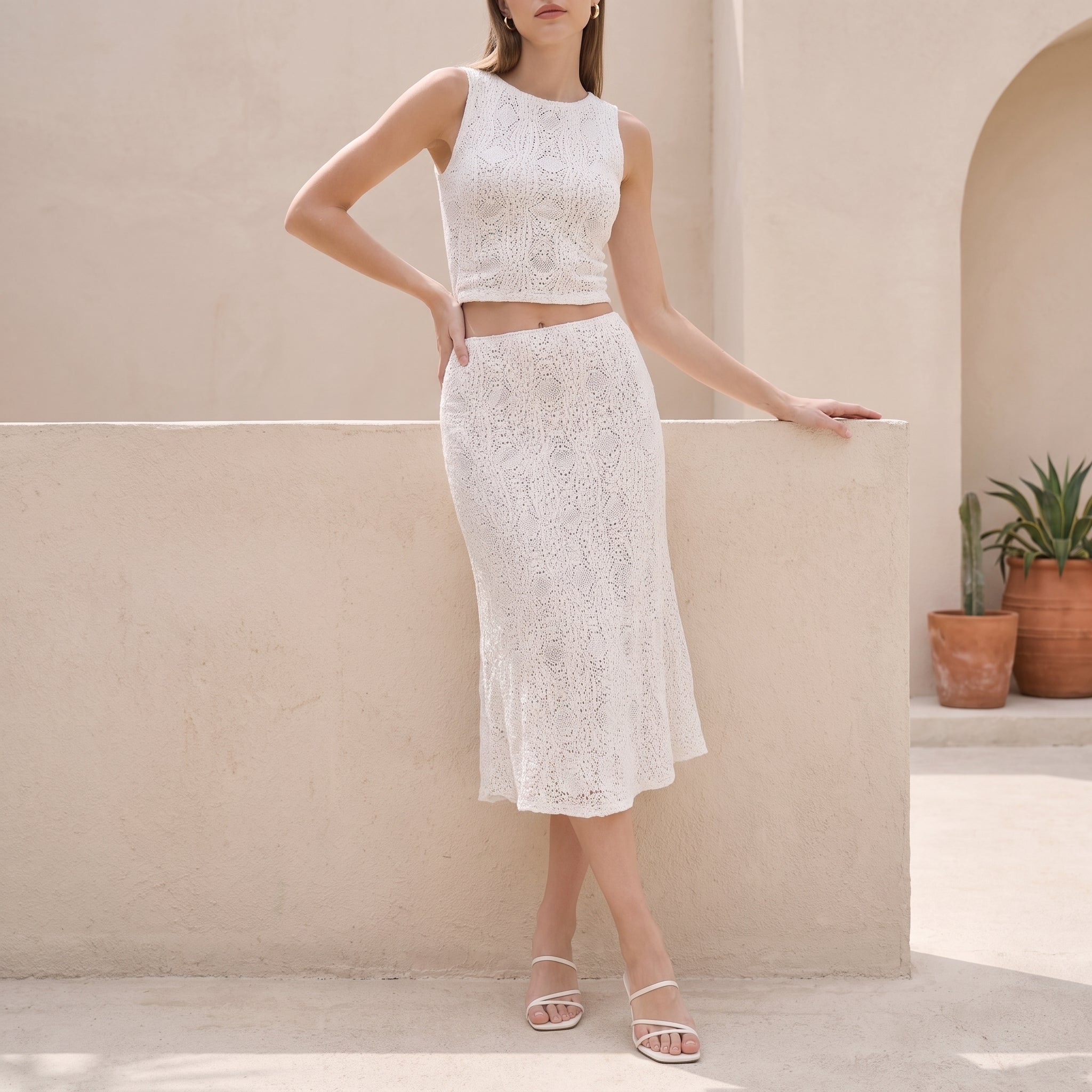Bianca - Women's Crochet Lace Crop Top Flared Midi Skirt Co-ord Set - Outfit set - White - Taylor & Bennett