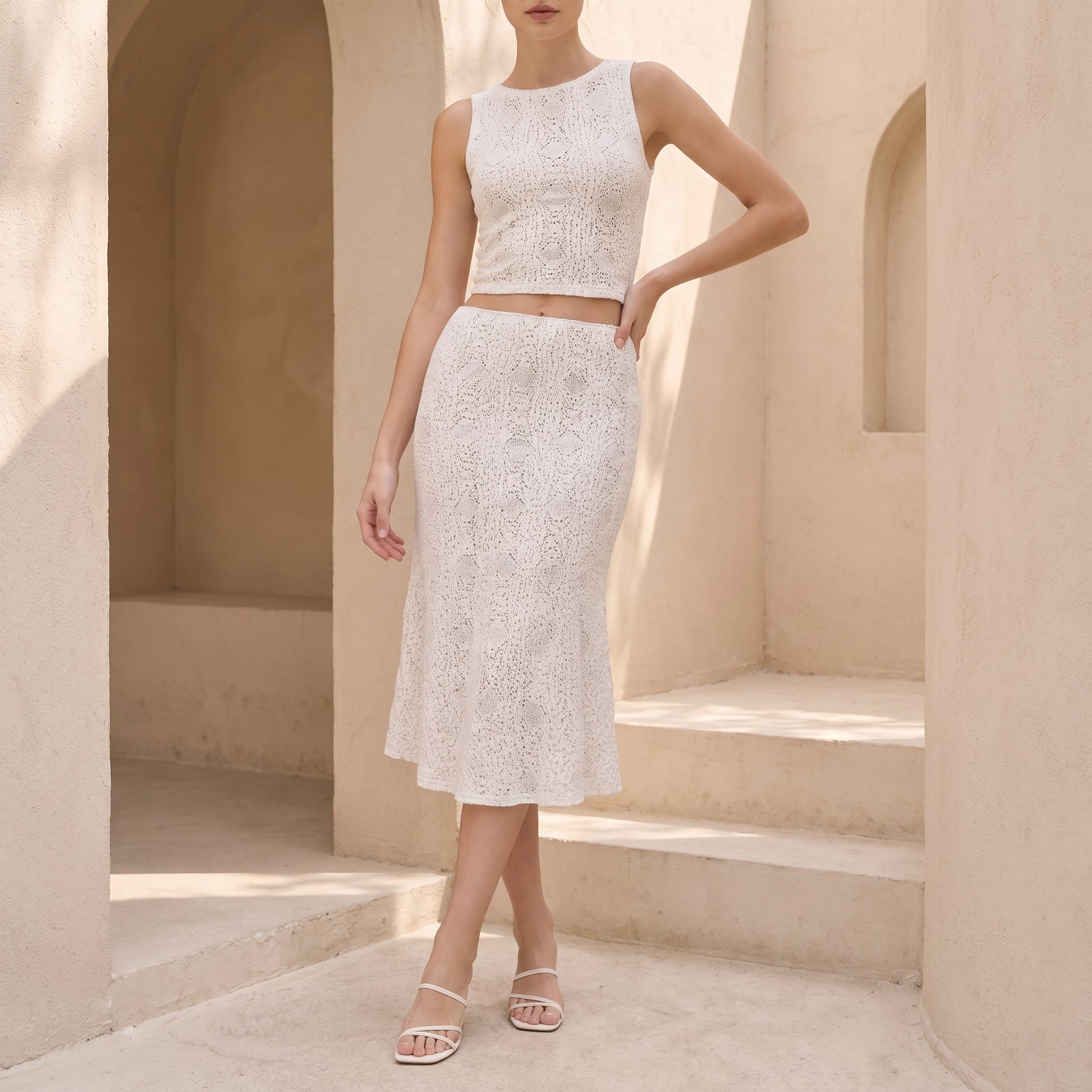 Bianca - Women's Crochet Lace Crop Top Flared Midi Skirt Co-ord Set - Outfit set - White - Taylor & Bennett