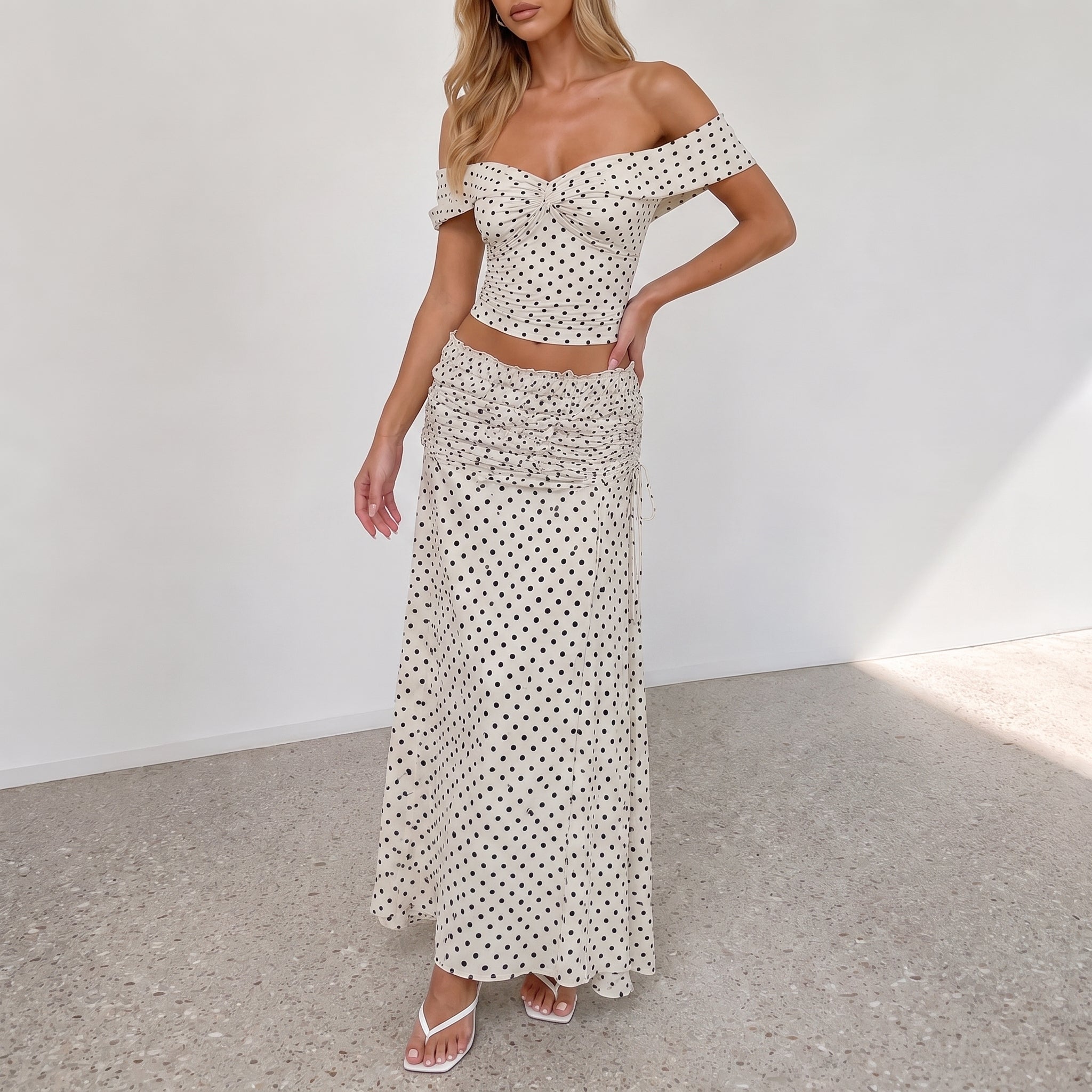 Bianca - Women's Summer Polka Dot Off-Shoulder Co-ord Set - Outfit set - White - Taylor & Bennett