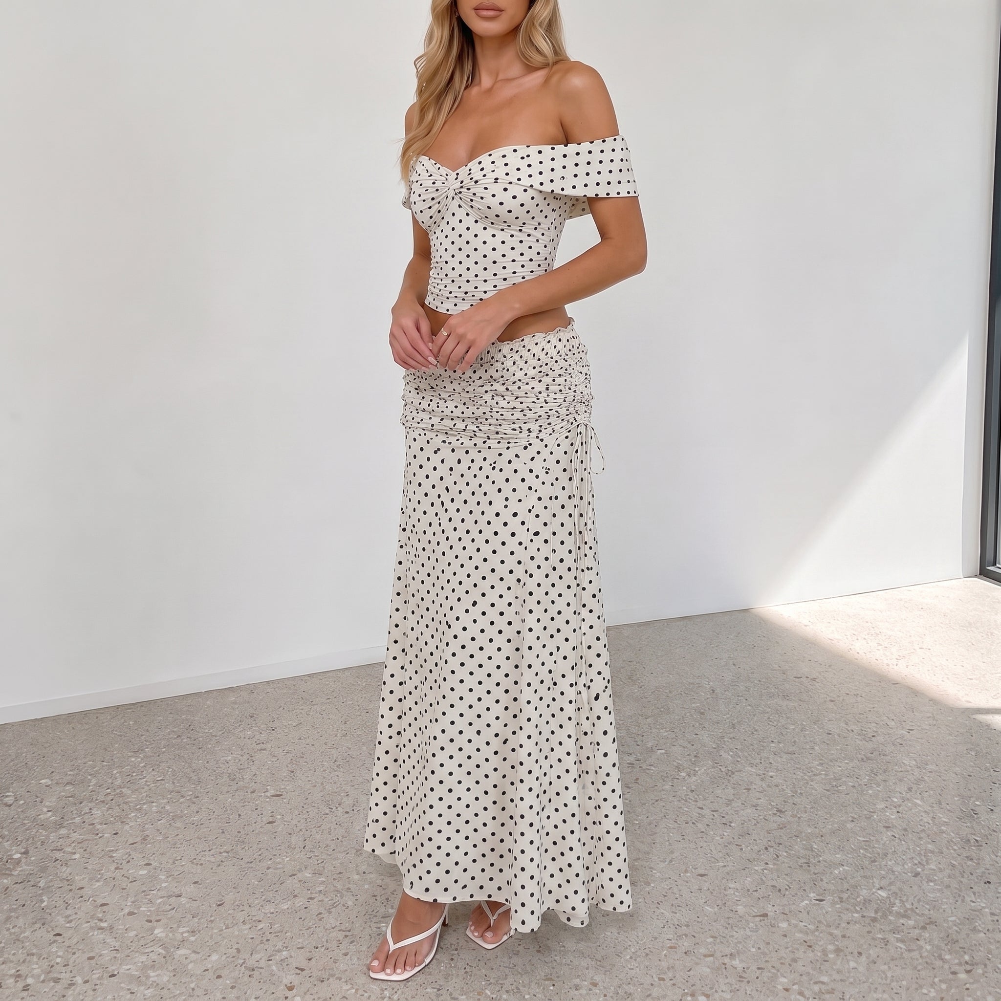 Bianca - Women's Summer Polka Dot Off-Shoulder Co-ord Set - Outfit set - White - Taylor & Bennett