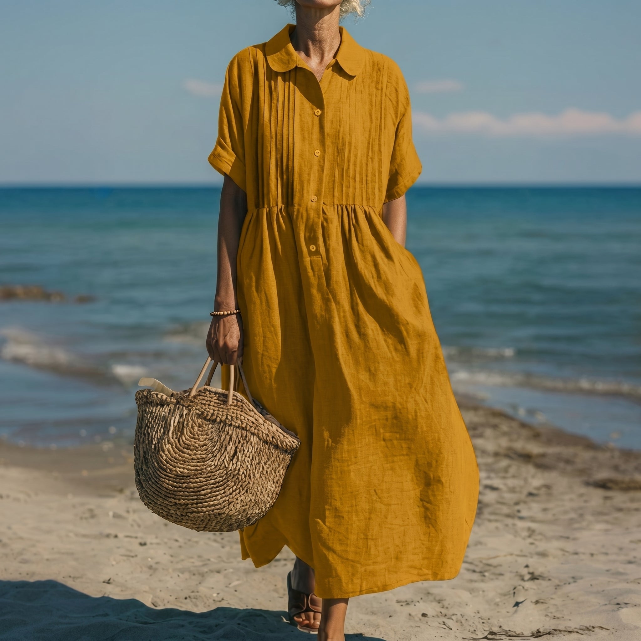 Brigitte - Women's Summer Pintuck Midi Shirt Dress - Dresses - Dark Yellow - Taylor & Bennett