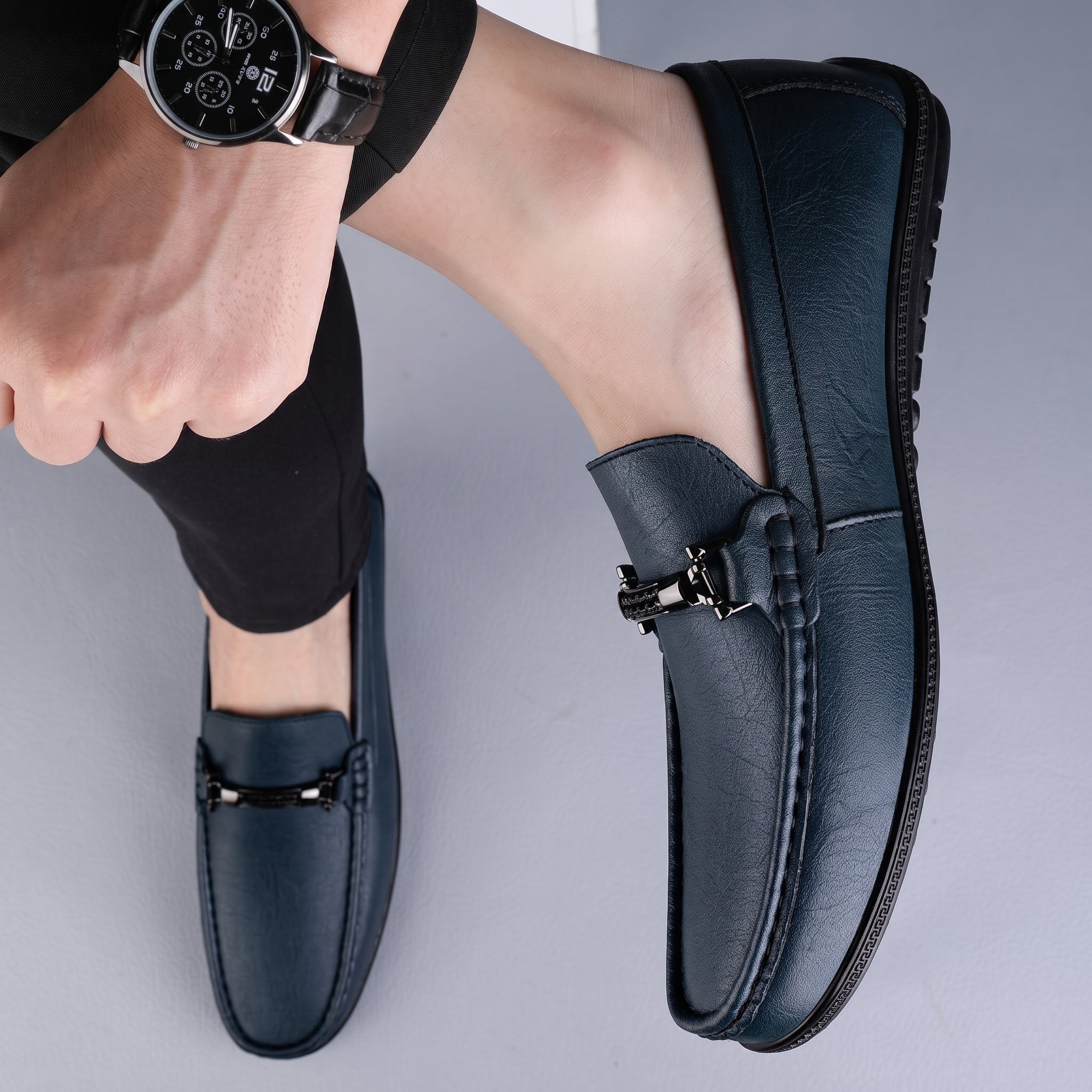 Brooks - Men's Penny Loafers with Metal Bar Detail - Loafer - Blue - Taylor & Bennett