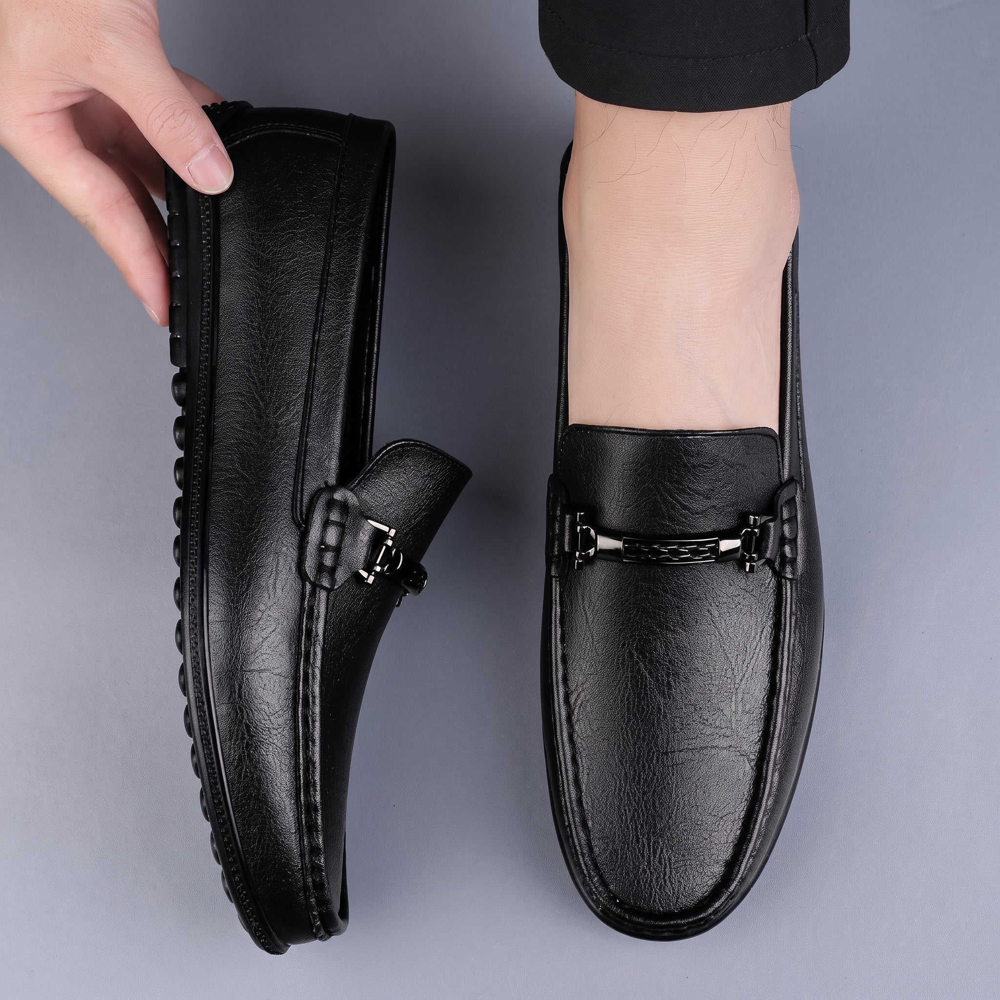 Brooks - Men's Penny Loafers with Metal Bar Detail - Loafer - Black - Taylor & Bennett
