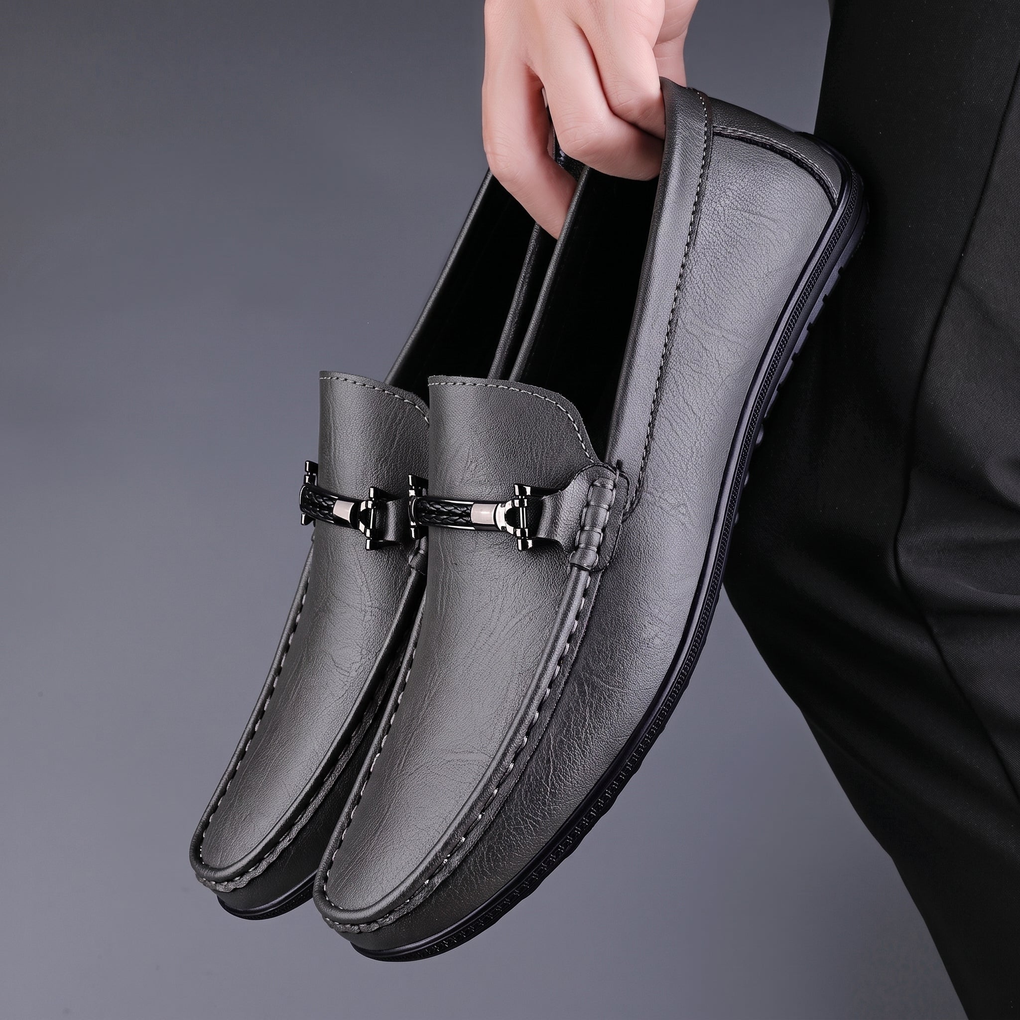 Brooks - Men's Penny Loafers with Metal Bar Detail - Loafer - Grey - Taylor & Bennett