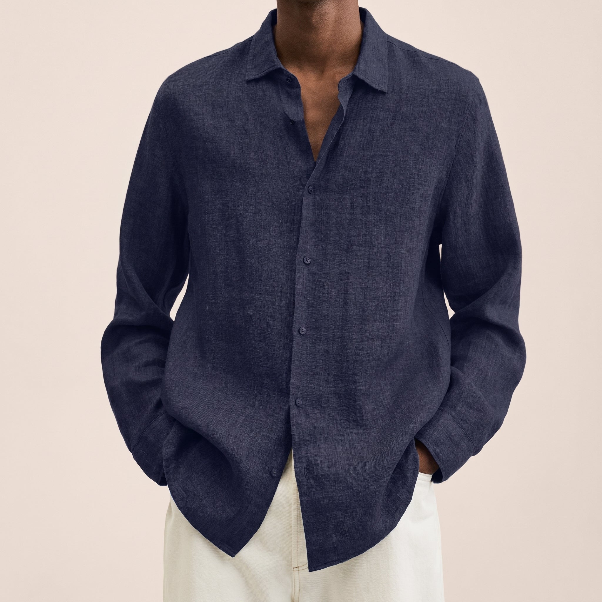 Carl - Men's Relaxed Fit Summer Long Sleeve Collared Shirt - Shirts - Navy Blue - Taylor & Bennett
