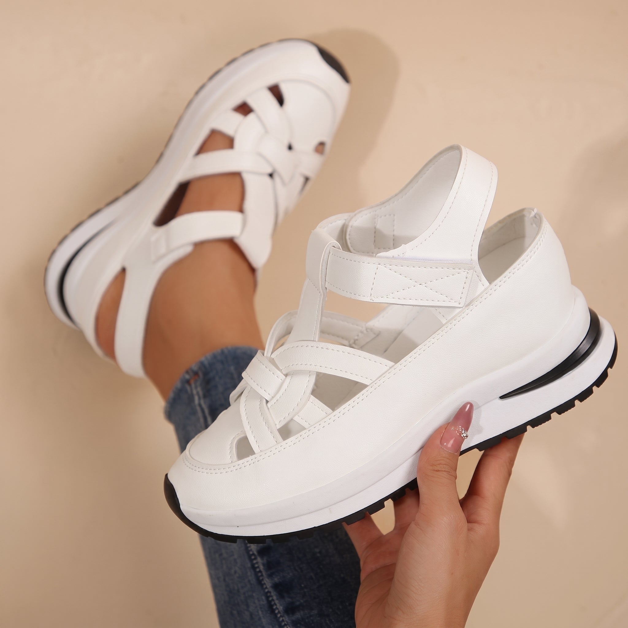 Carolina - Women's Orthopaedic Cut-Out Strap Platform Sandals - Sandals - White - Taylor & Bennett