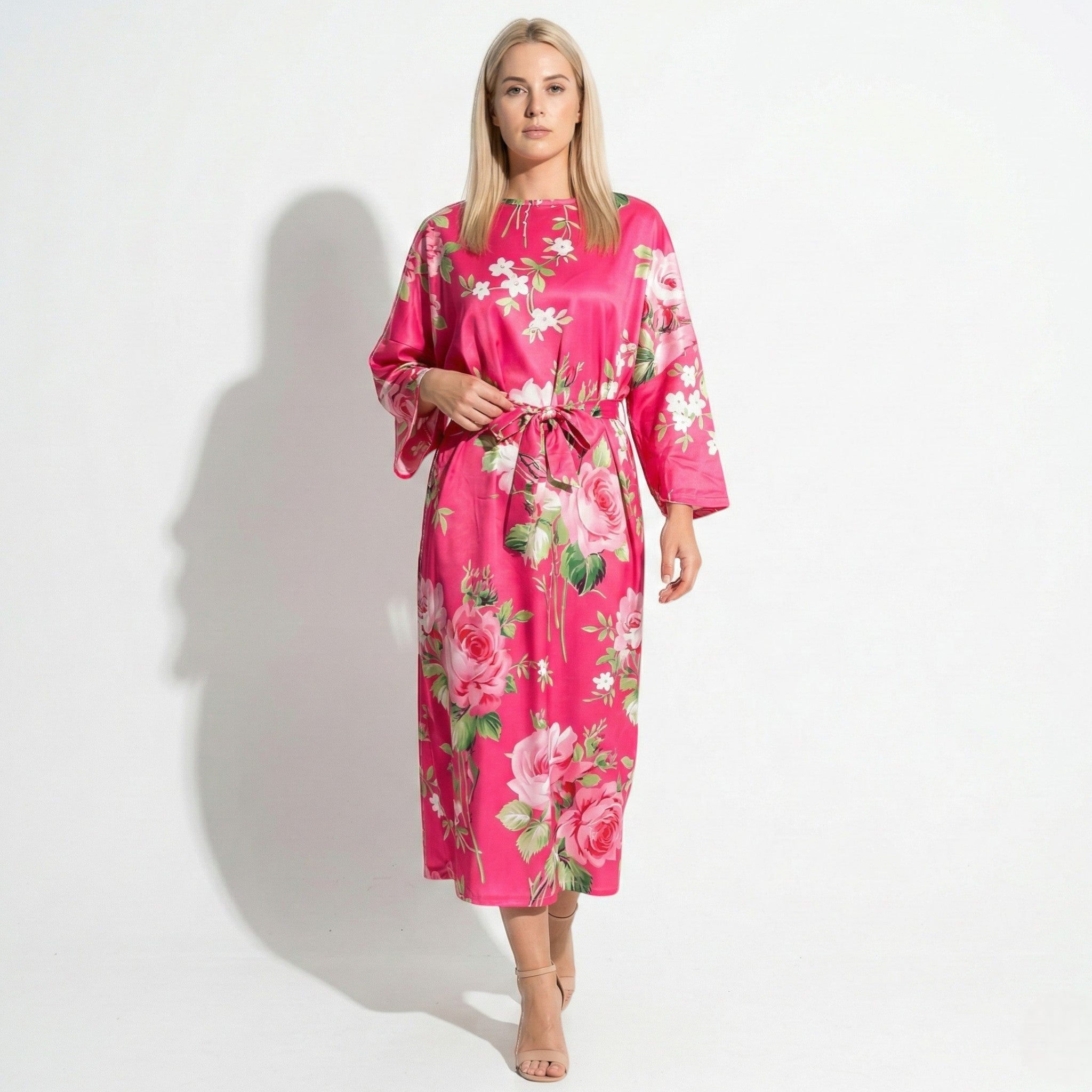 Catherine - Women's Floral Midi Dress with Wide Sleeves - Dress - Pink - Taylor & Bennett